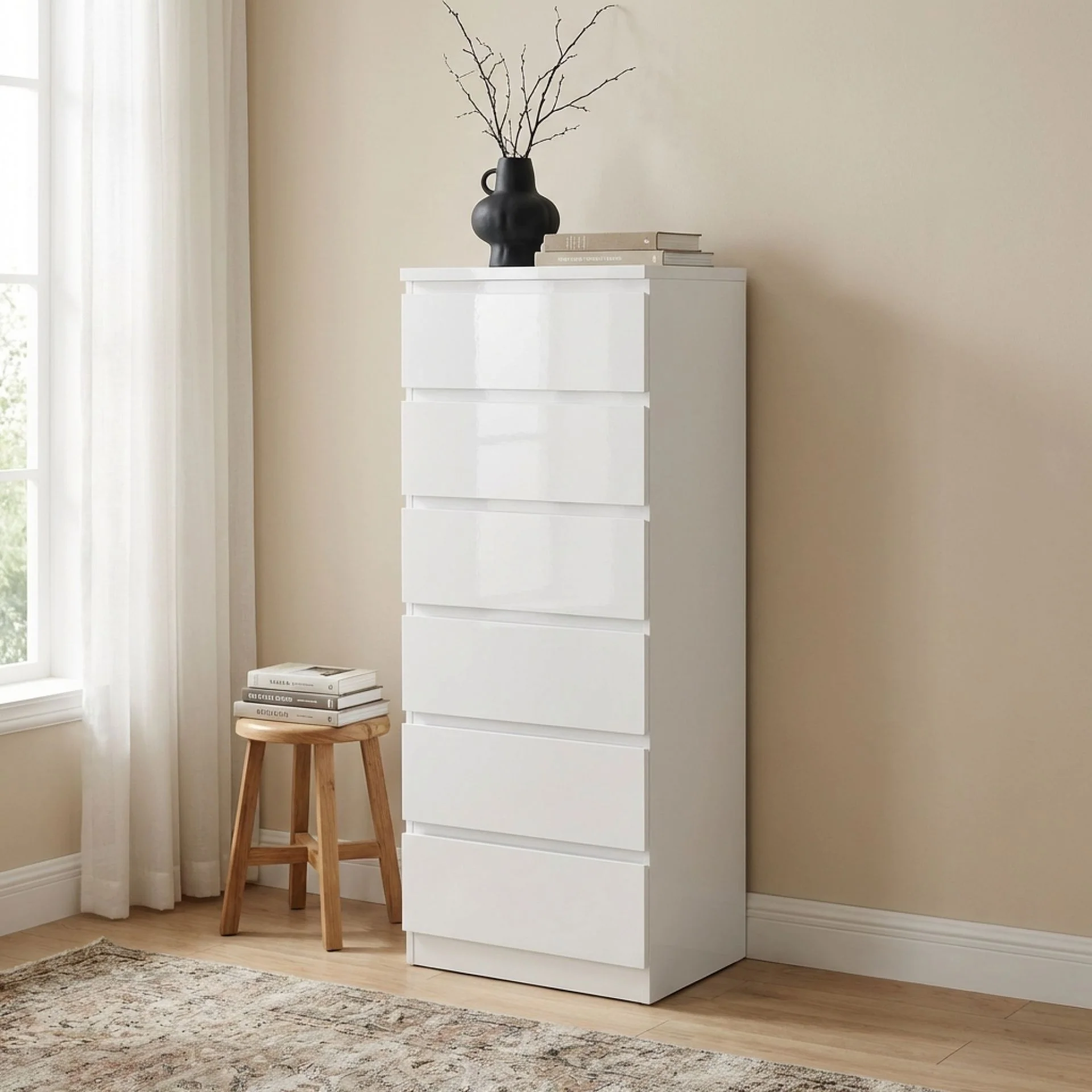 Angeles High Gloss 6 Drawer Slim Tallboy - White - Image 6