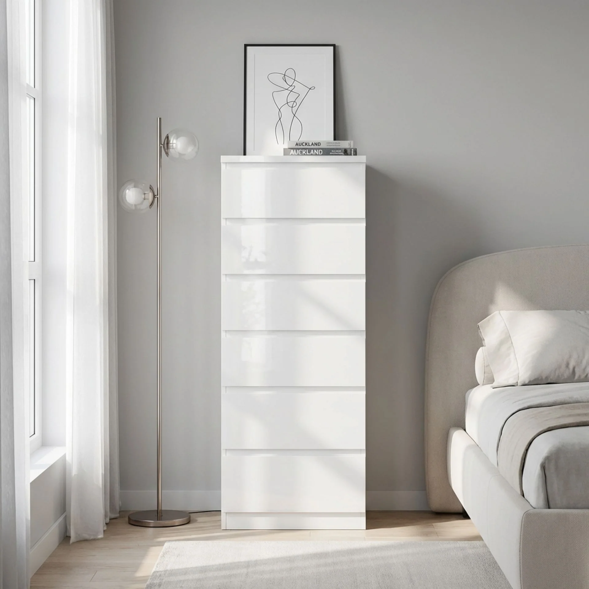 Angeles High Gloss 6 Drawer Slim Tallboy - White - Image 7