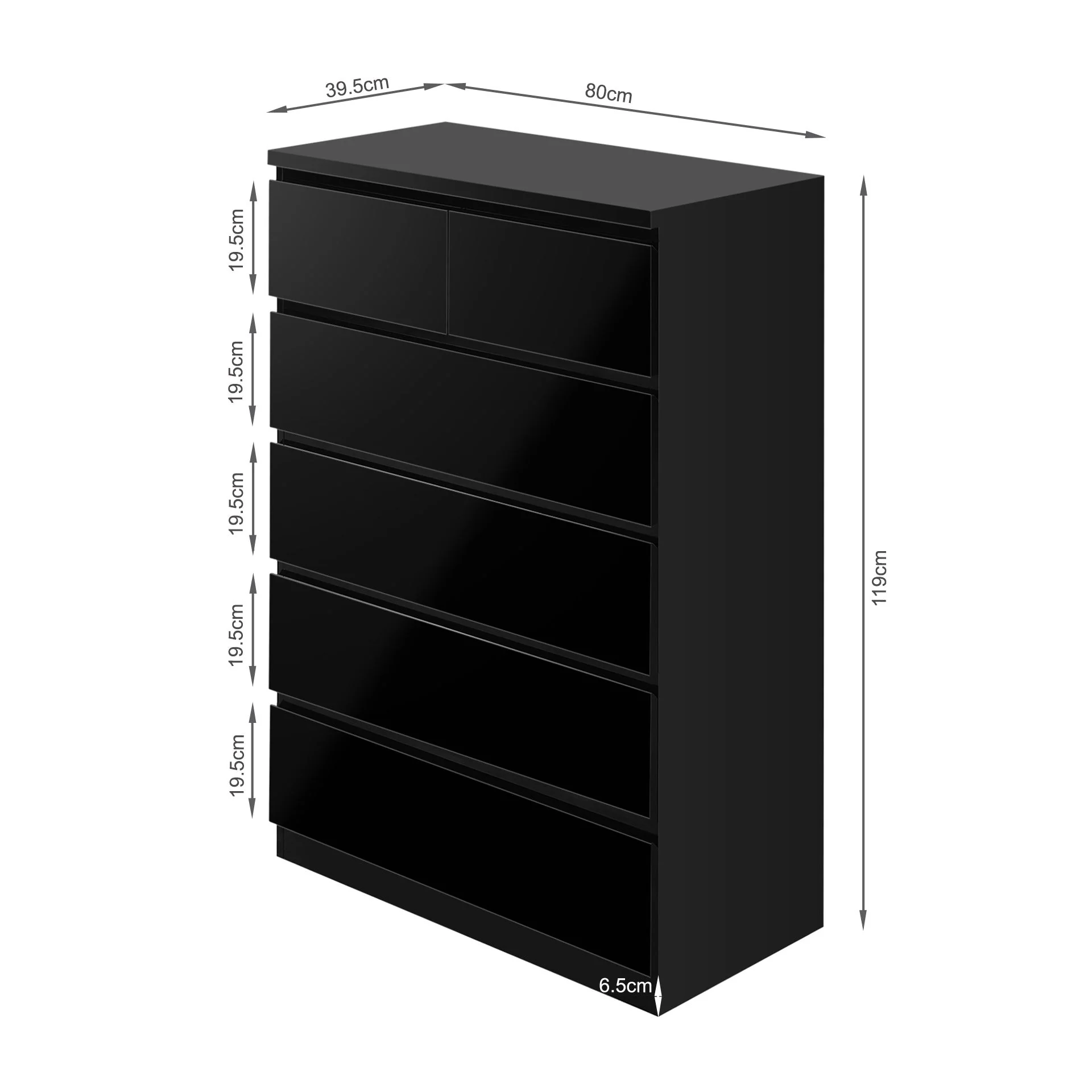 Angeles High Gloss 6 Drawer Tallboy - Black - Image 10