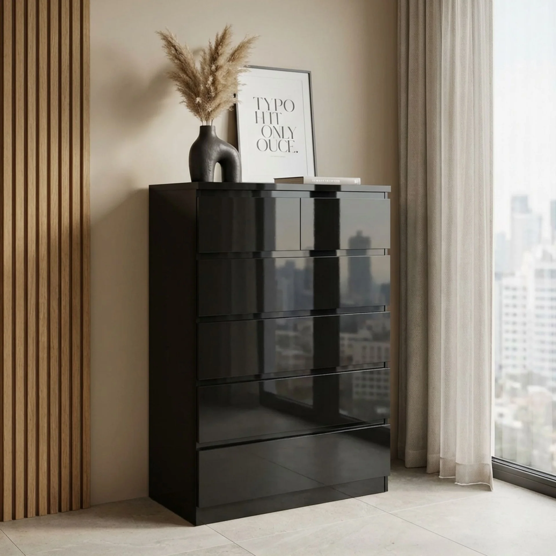Angeles High Gloss 6 Drawer Tallboy - Black - Image 3