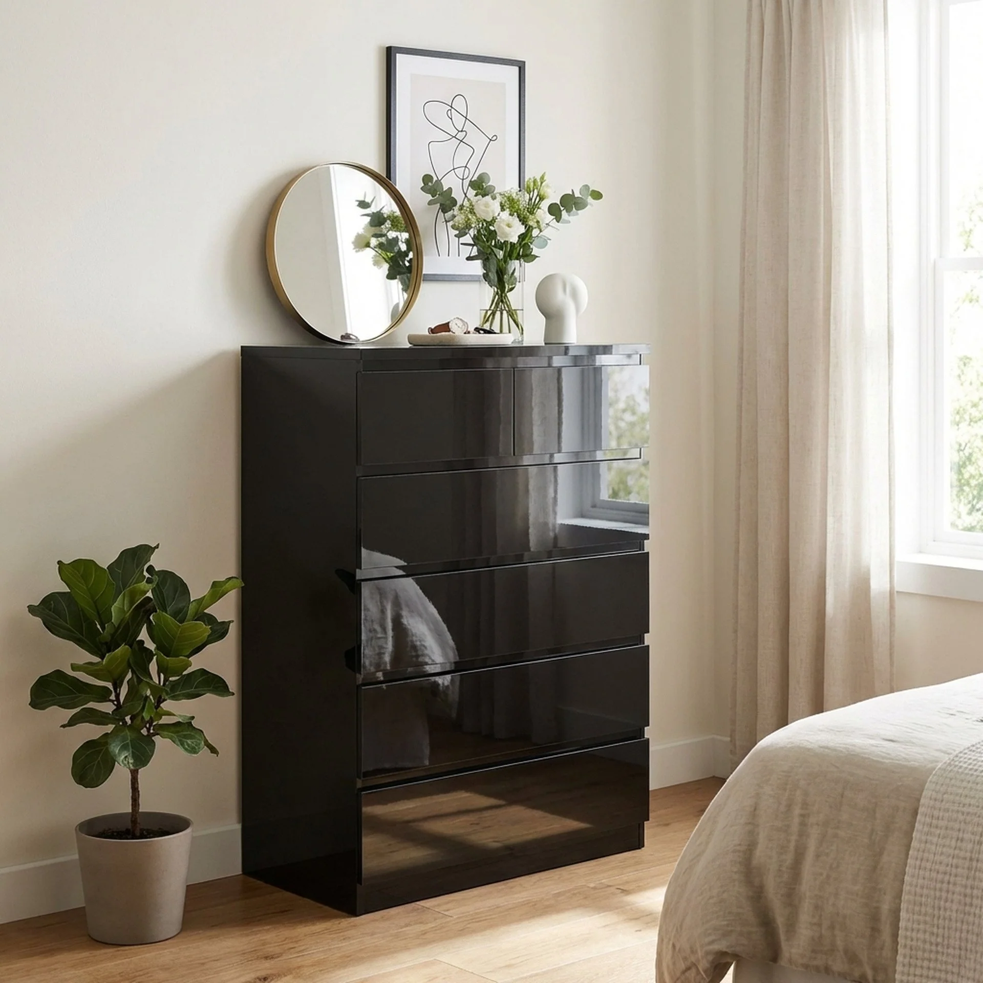 Angeles High Gloss 6 Drawer Tallboy - Black - Image 4