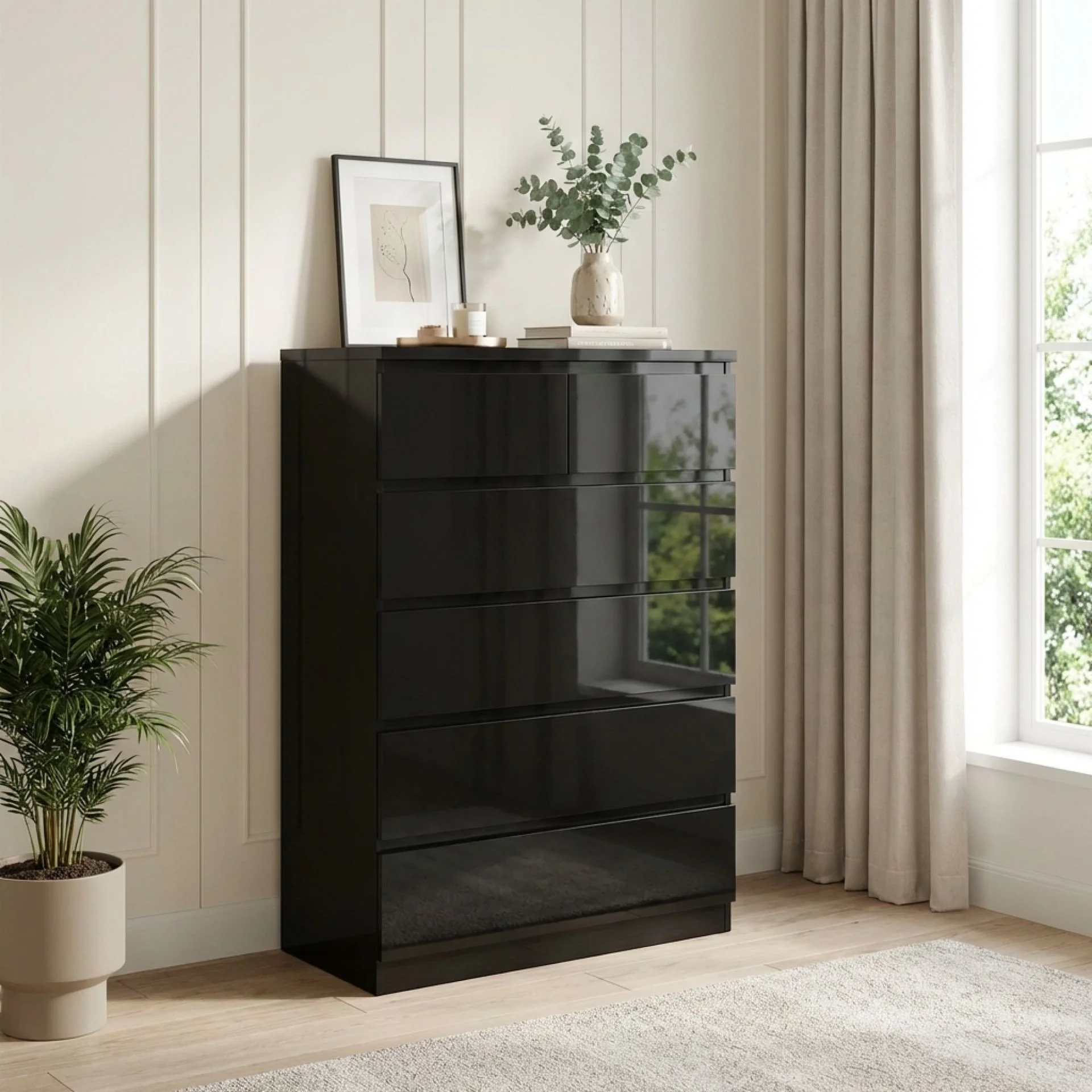 Angeles High Gloss 6 Drawer Tallboy - Black - Image 5