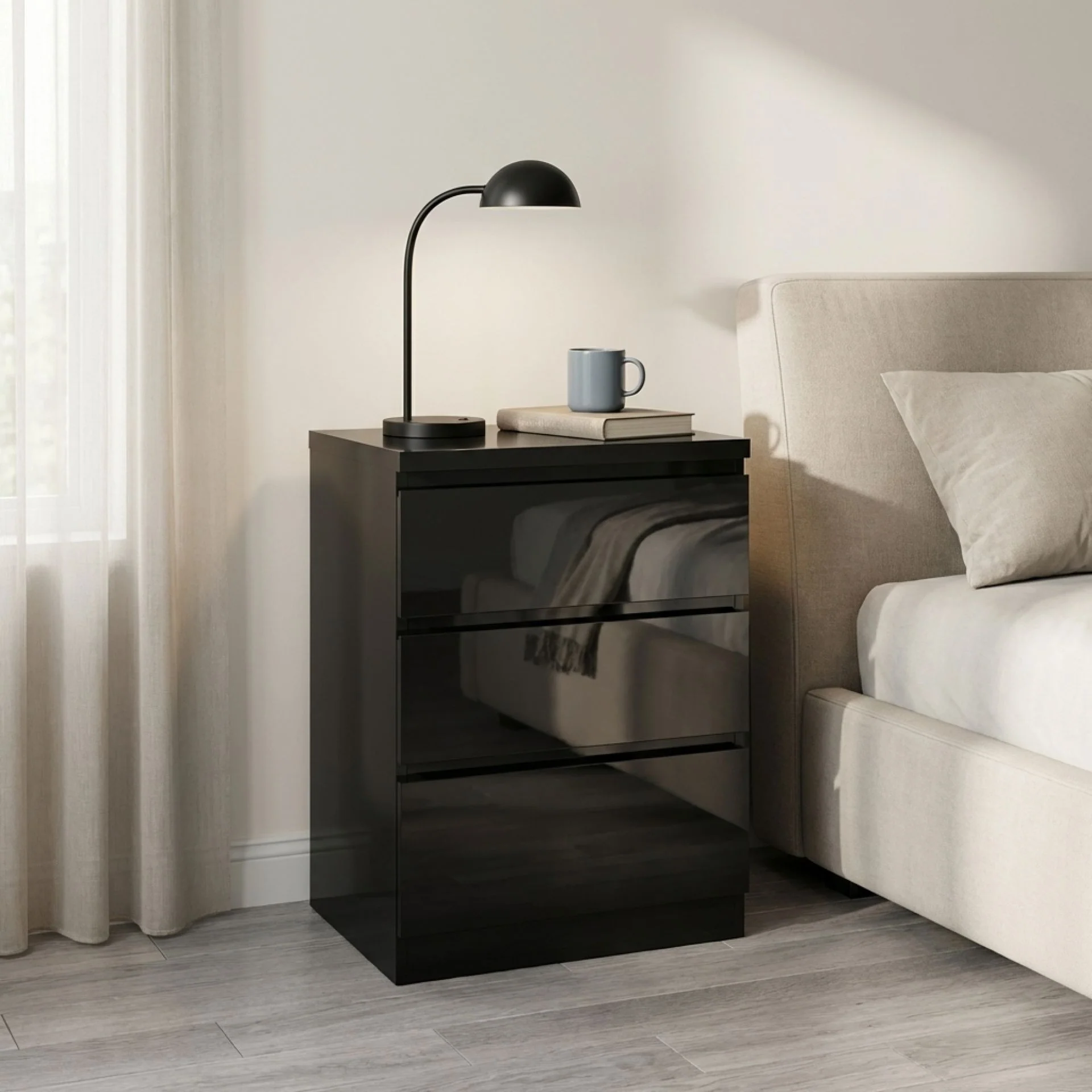 Angeles High Gloss Bedside Table with 3 Drawers - Black - Image 3