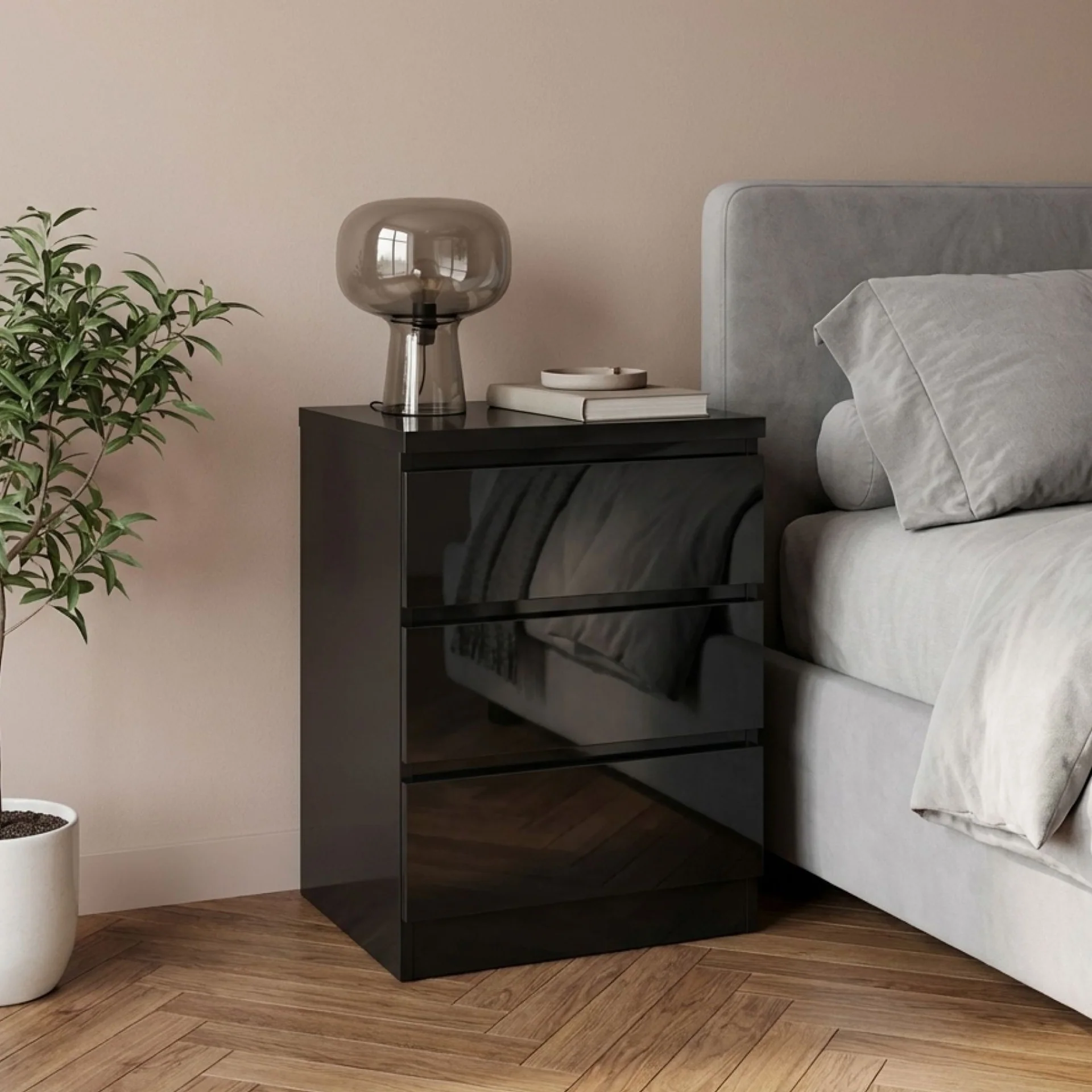 Angeles High Gloss Bedside Table with 3 Drawers - Black - Image 4