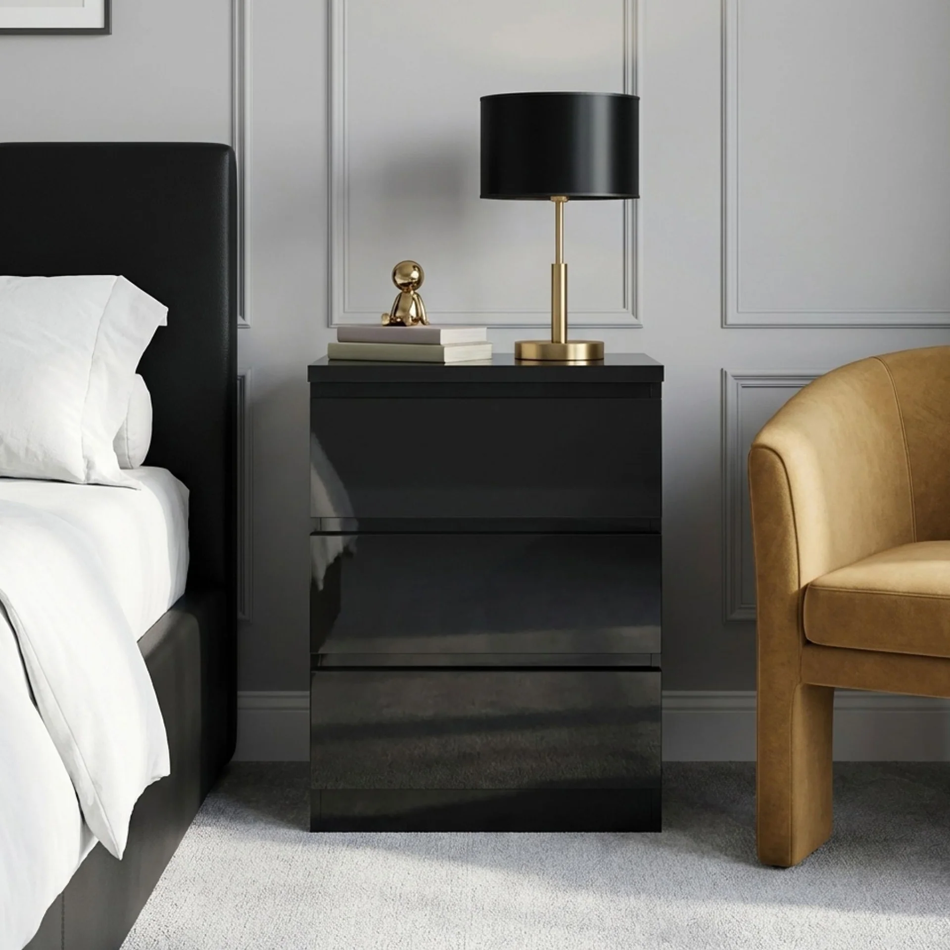 Angeles High Gloss Bedside Table with 3 Drawers - Black - Image 5