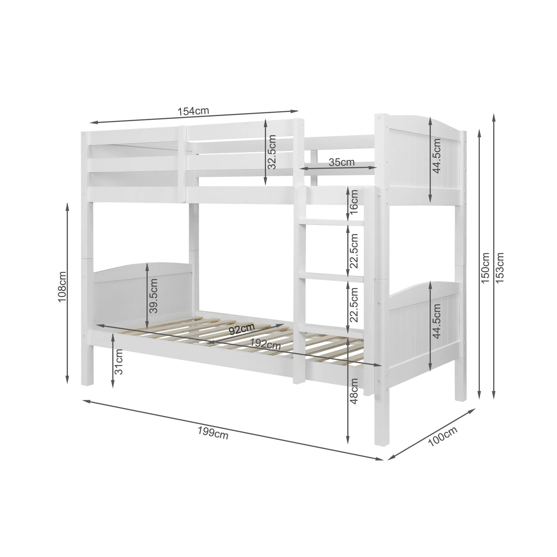 Annan Single Wooden Bunk Bed Frame - White - Image 14