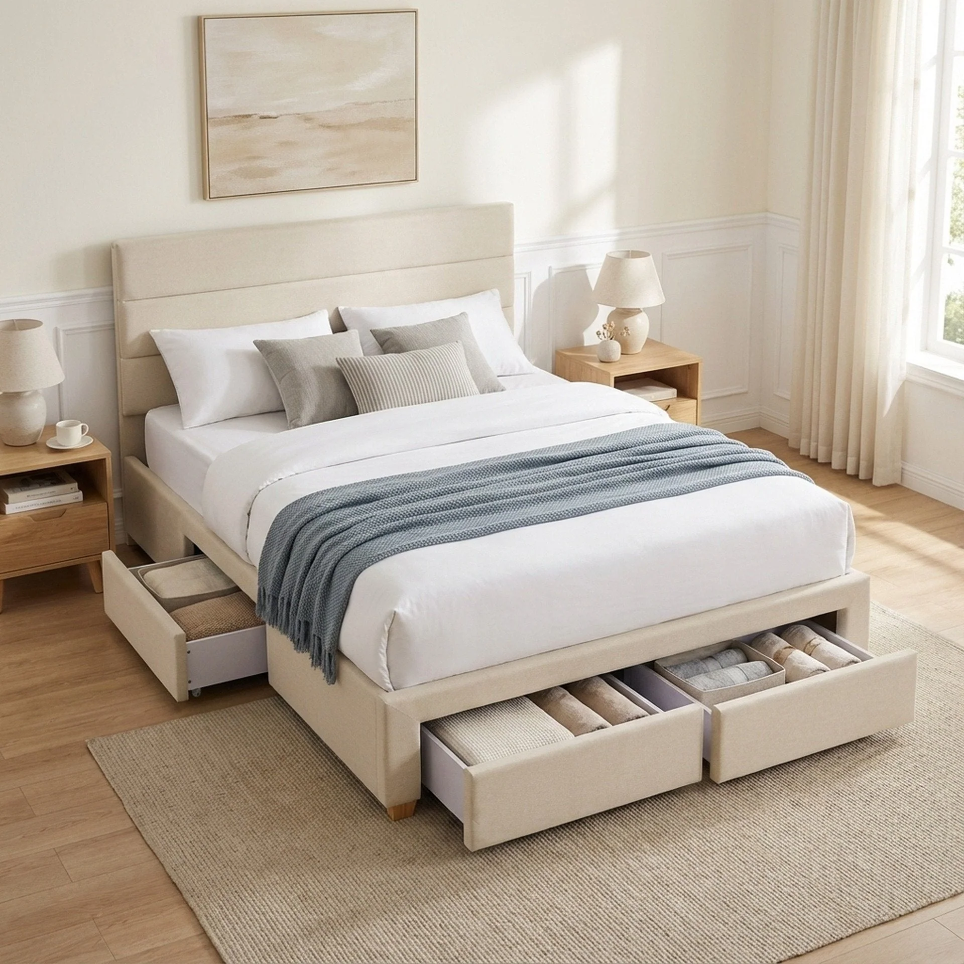 Arbor Queen Bed Frame with 4 Drawers - Beige