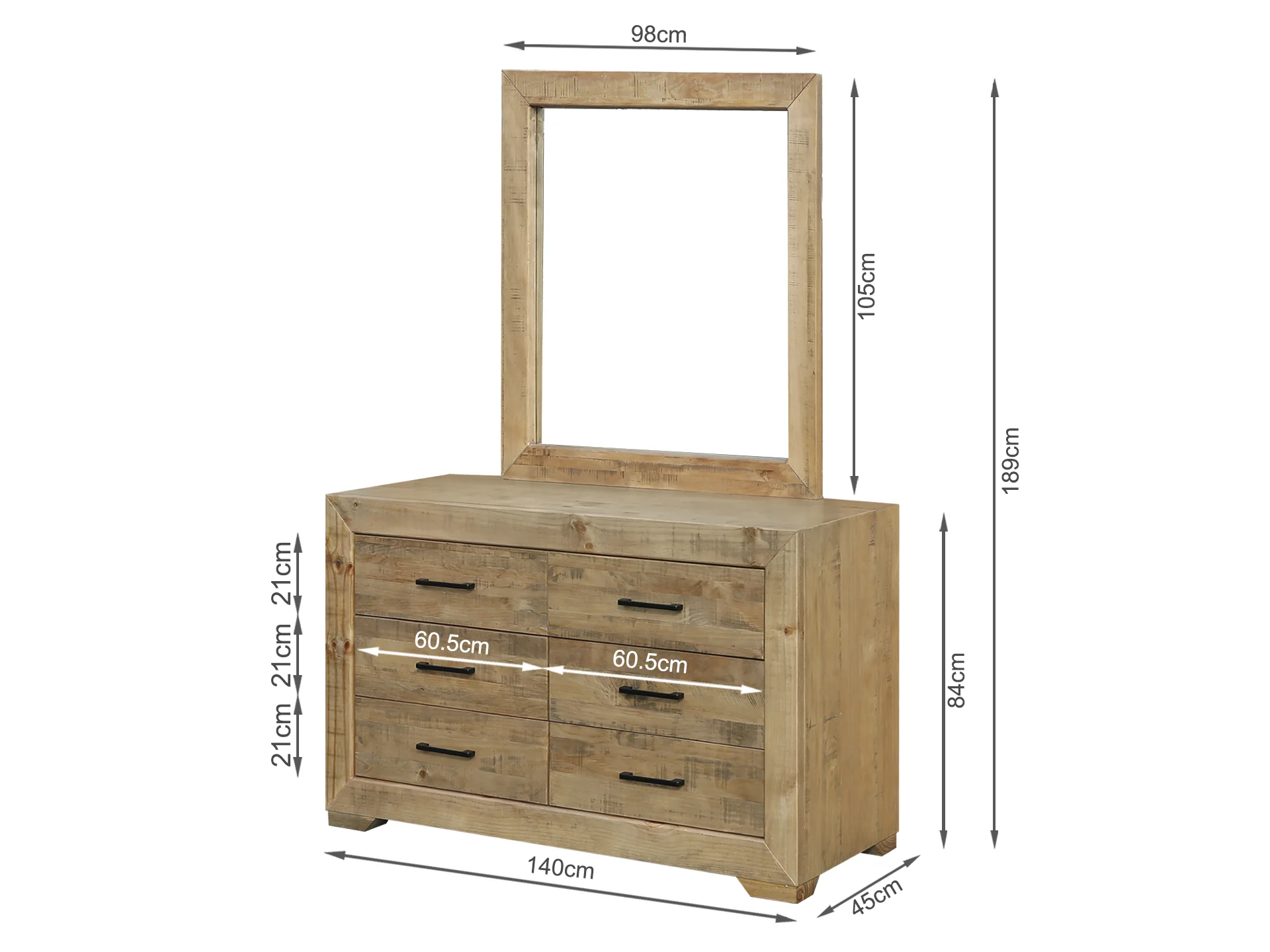 Argento Solid Wood 6 Drawer Dresser with Mirror - Delhi - Image 6