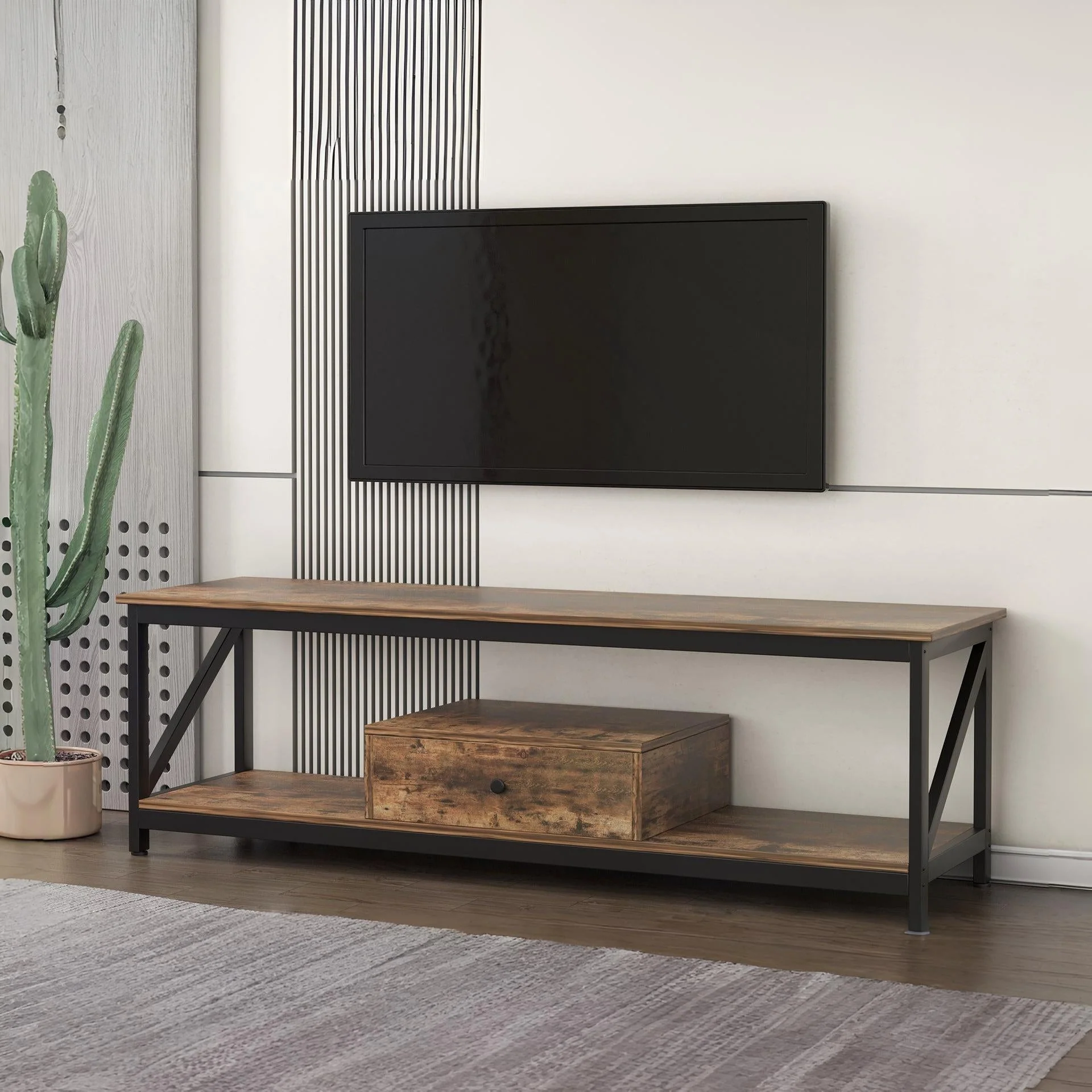 Atlas 1.4m Entertainment Unit with Drawer - Rustic Brown - Image 3