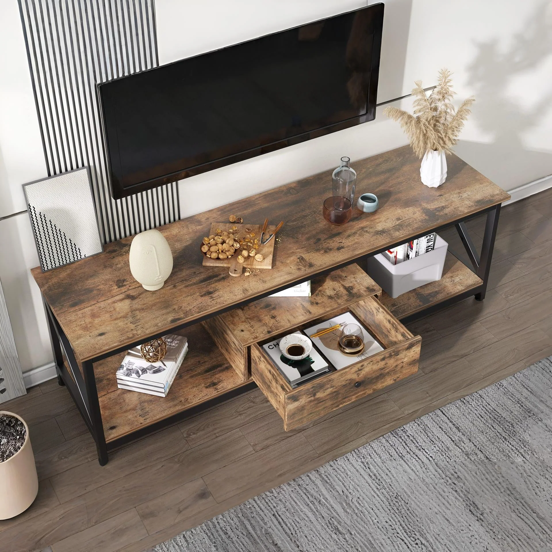 Atlas 1.4m Entertainment Unit with Drawer - Rustic Brown - Image 4
