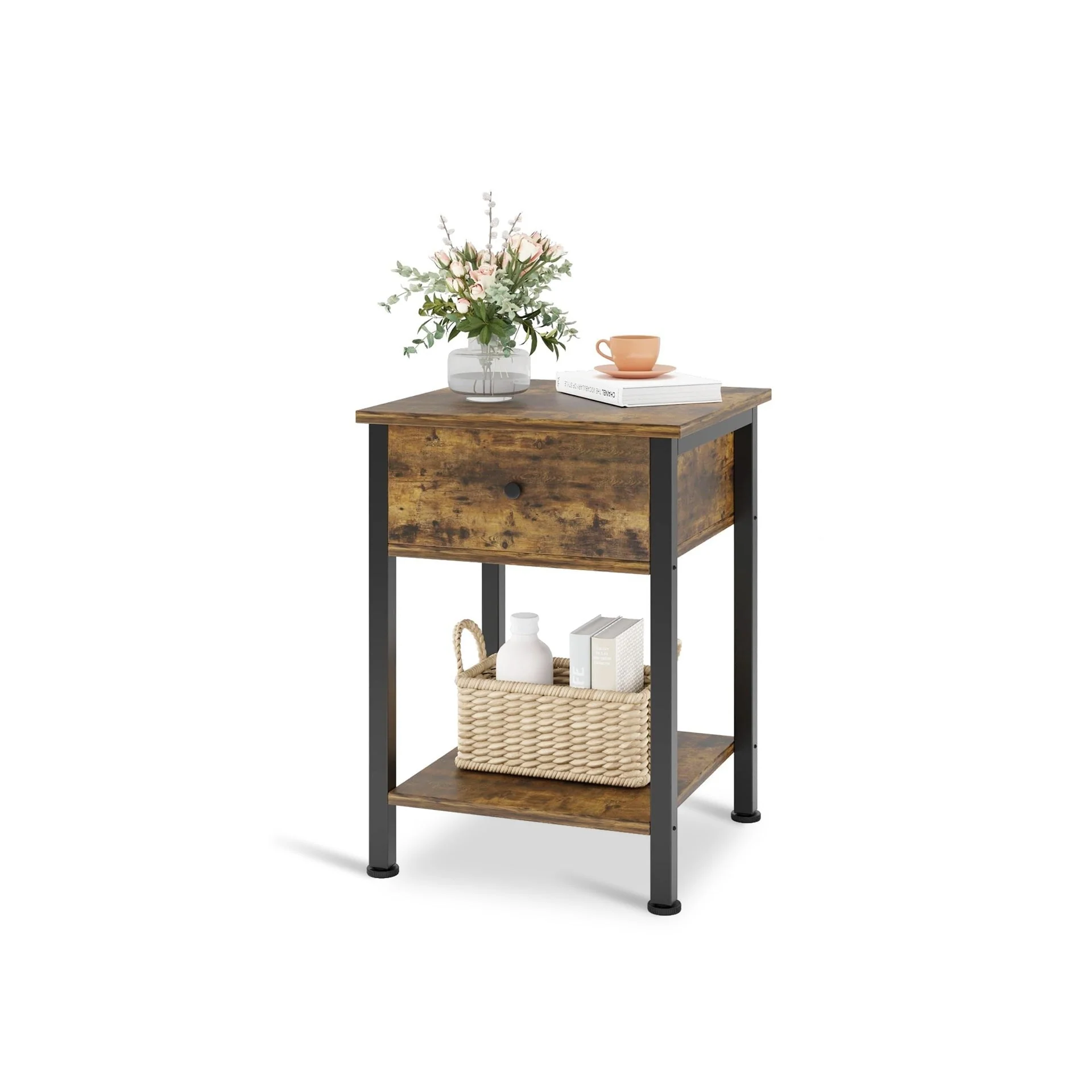 Atlas Side Table with Drawer and Storage Shelf - Rustic Brown - Image 7