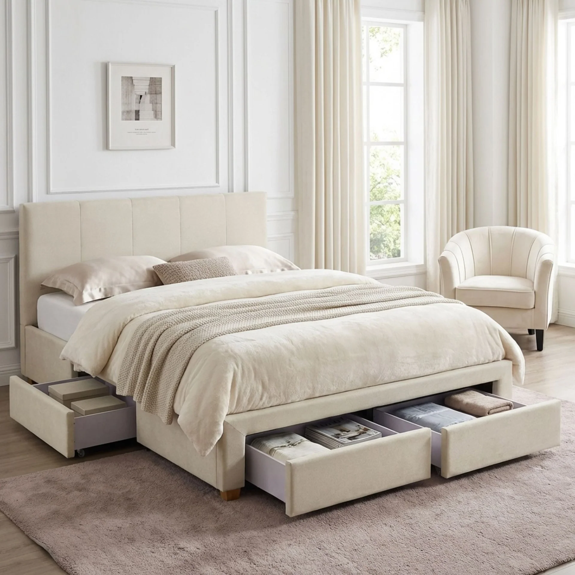 Aure Queen Bed Frame with 4 Drawers - Beige