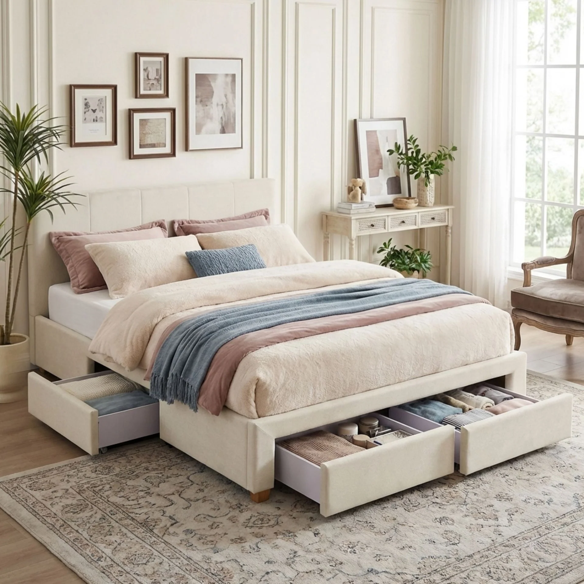 Aure Queen Bed Frame with 4 Drawers - Beige - Image 5