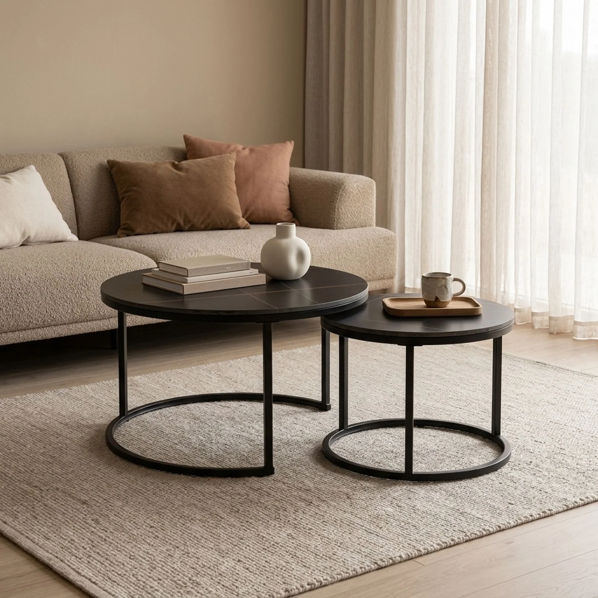 Aurelo 2pc Ceramic Coffee Table Side Table Set - Golden Black