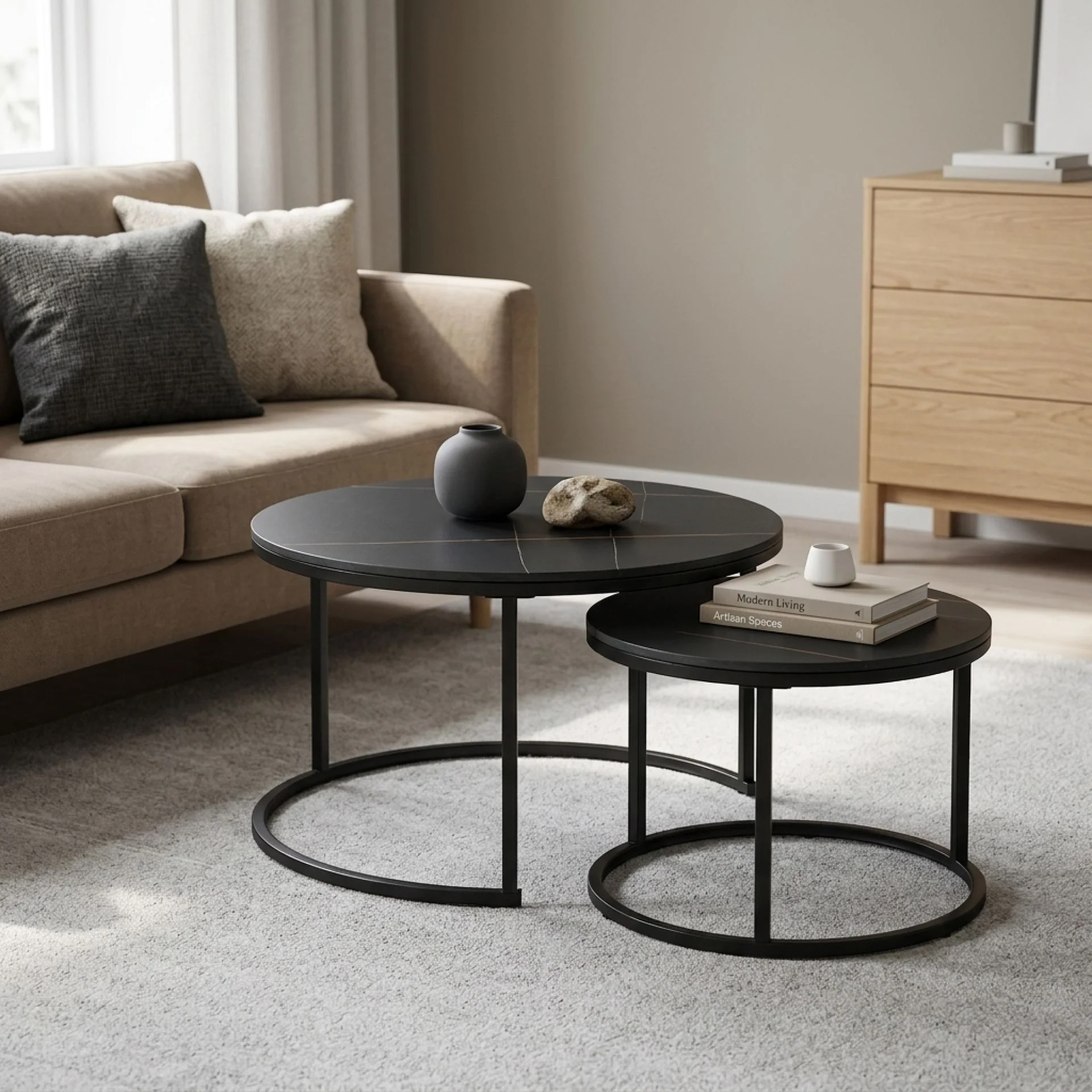 Aurelo 2pc Ceramic Coffee Table Side Table Set - Golden Black - Image 2