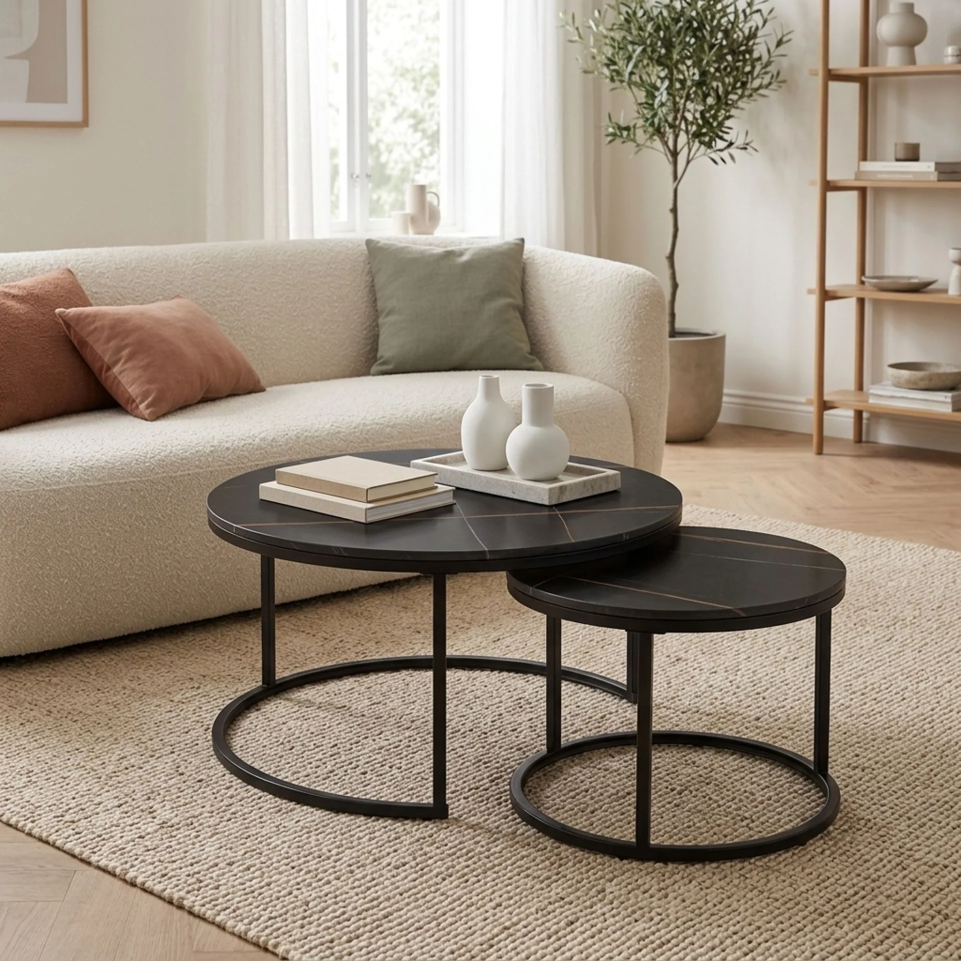 Aurelo 2pc Ceramic Coffee Table Side Table Set - Golden Black - Image 3