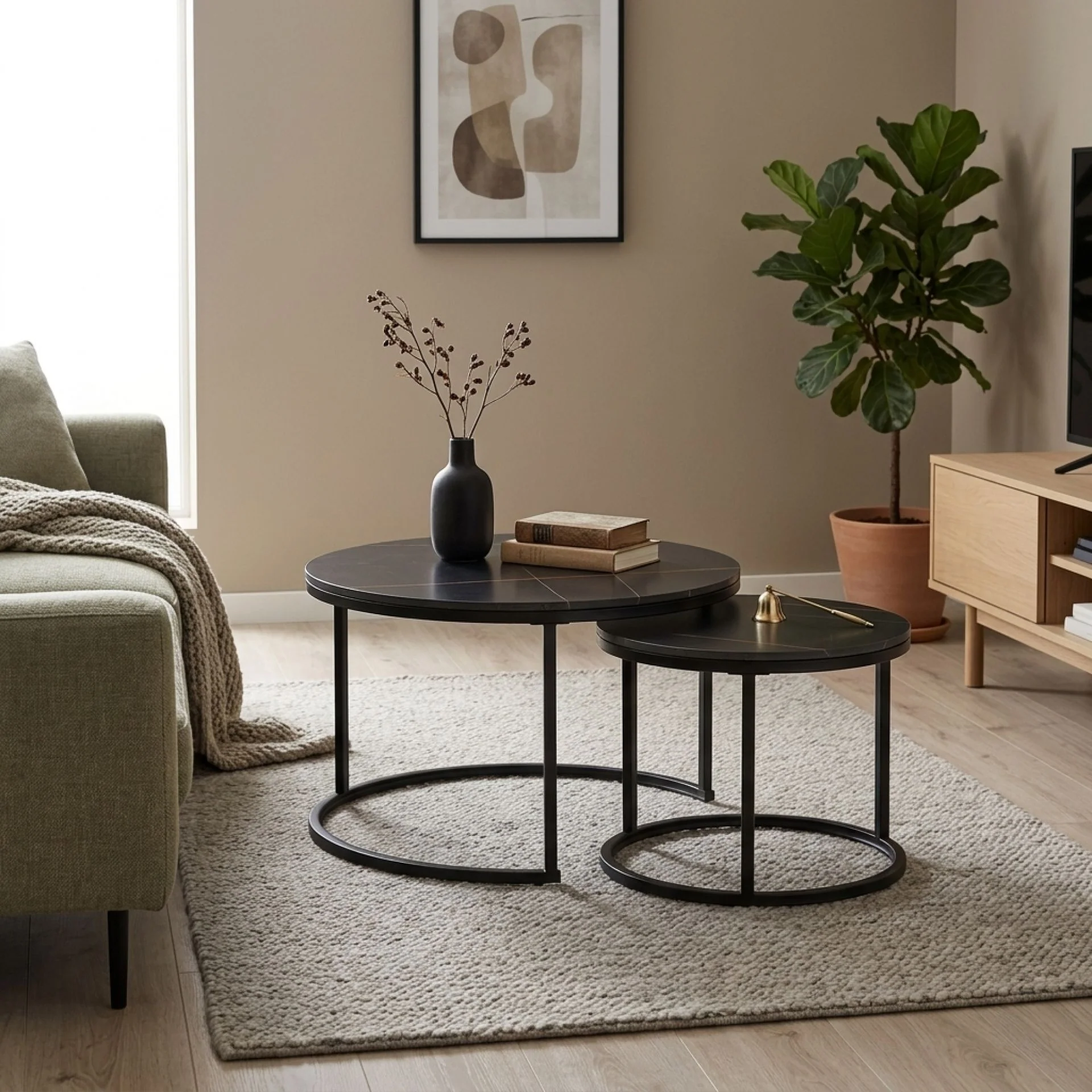 Aurelo 2pc Ceramic Coffee Table Side Table Set - Golden Black - Image 4