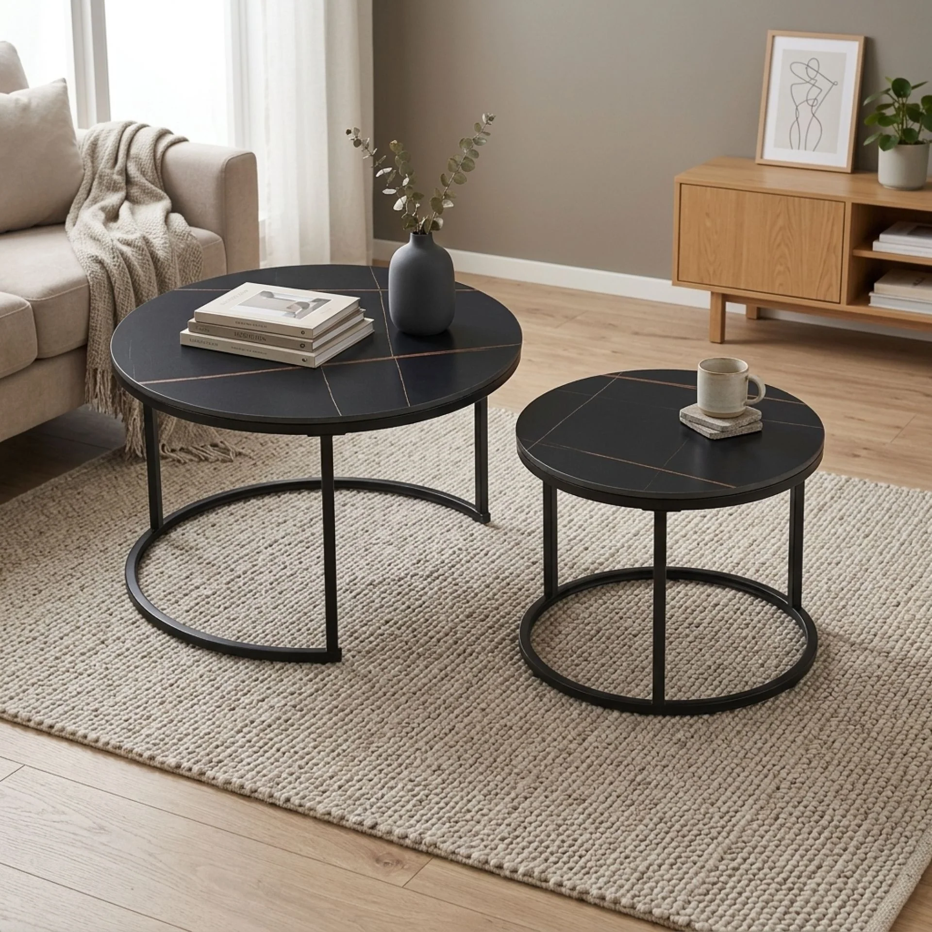 Aurelo 2pc Ceramic Coffee Table Side Table Set - Golden Black - Image 5