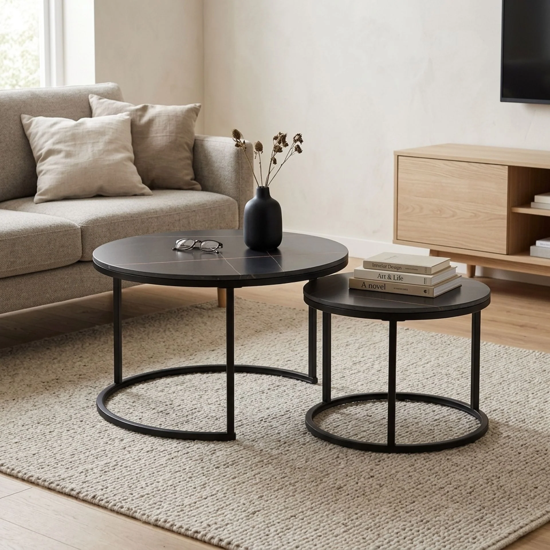 Aurelo 2pc Ceramic Coffee Table Side Table Set - Golden Black - Image 6