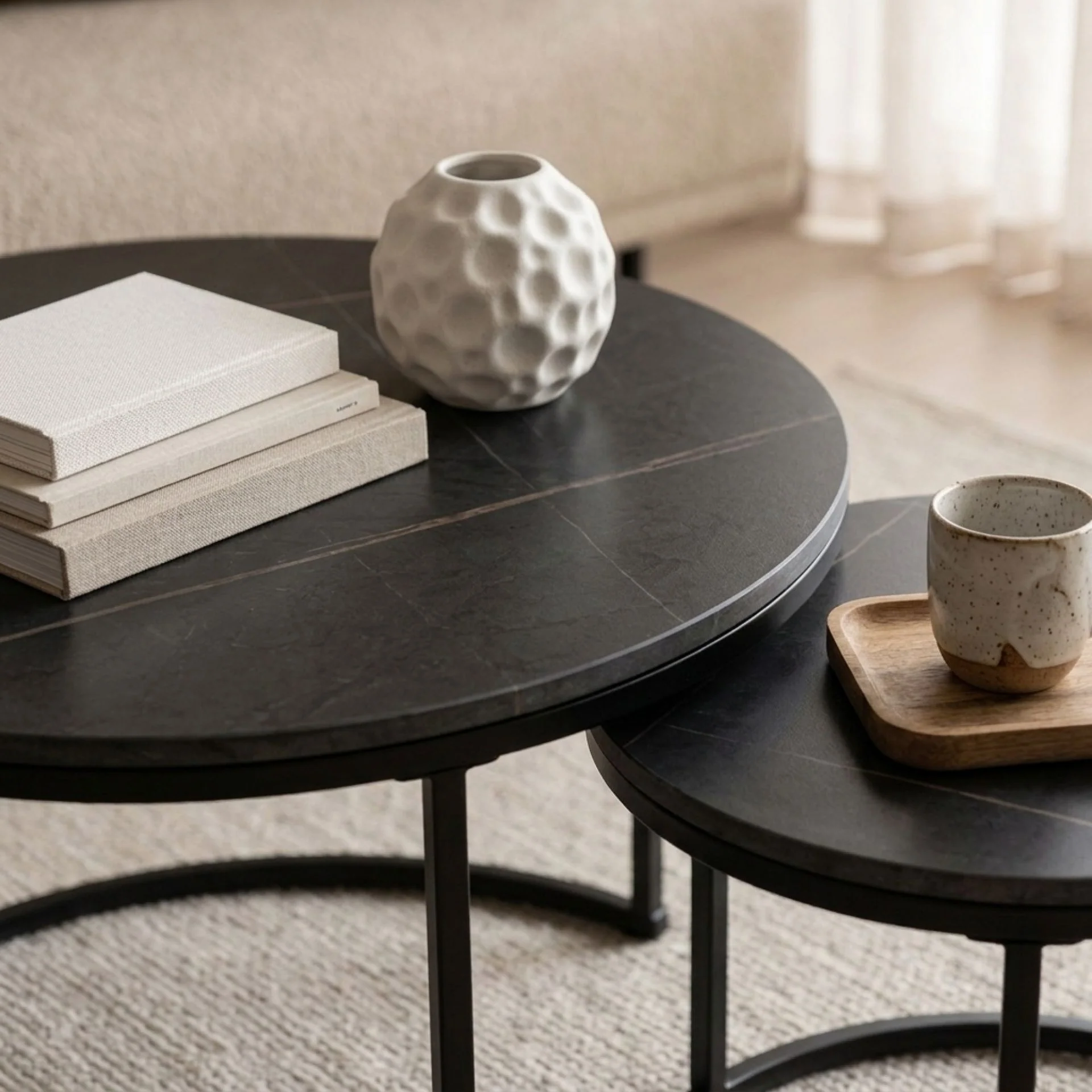 Aurelo 2pc Ceramic Coffee Table Side Table Set - Golden Black - Image 7