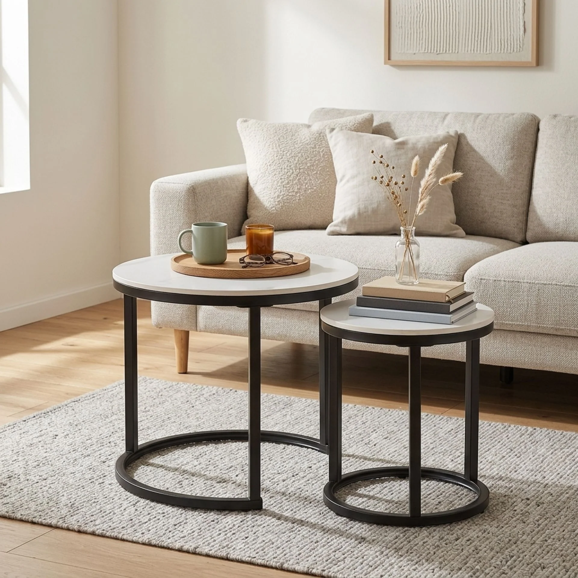 Aurelo 2pc Ceramic Coffee Table Side Table Set - Snow White - Image 4