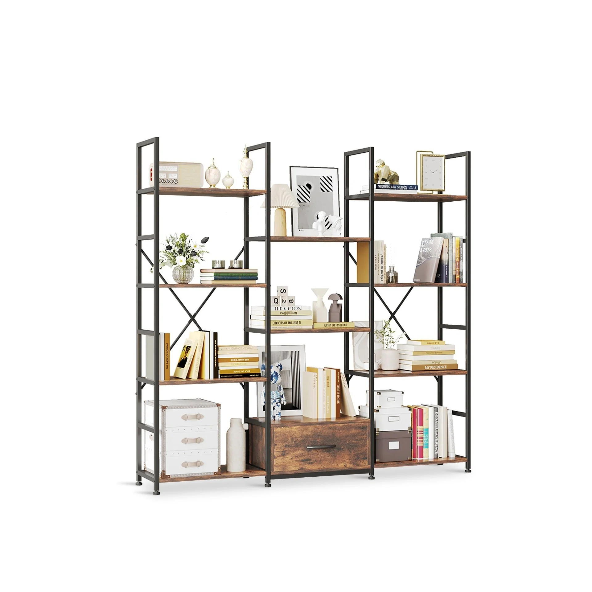 Auroa 4 Tier Bookshelf with Drawer - Rustic Brown - Image 8