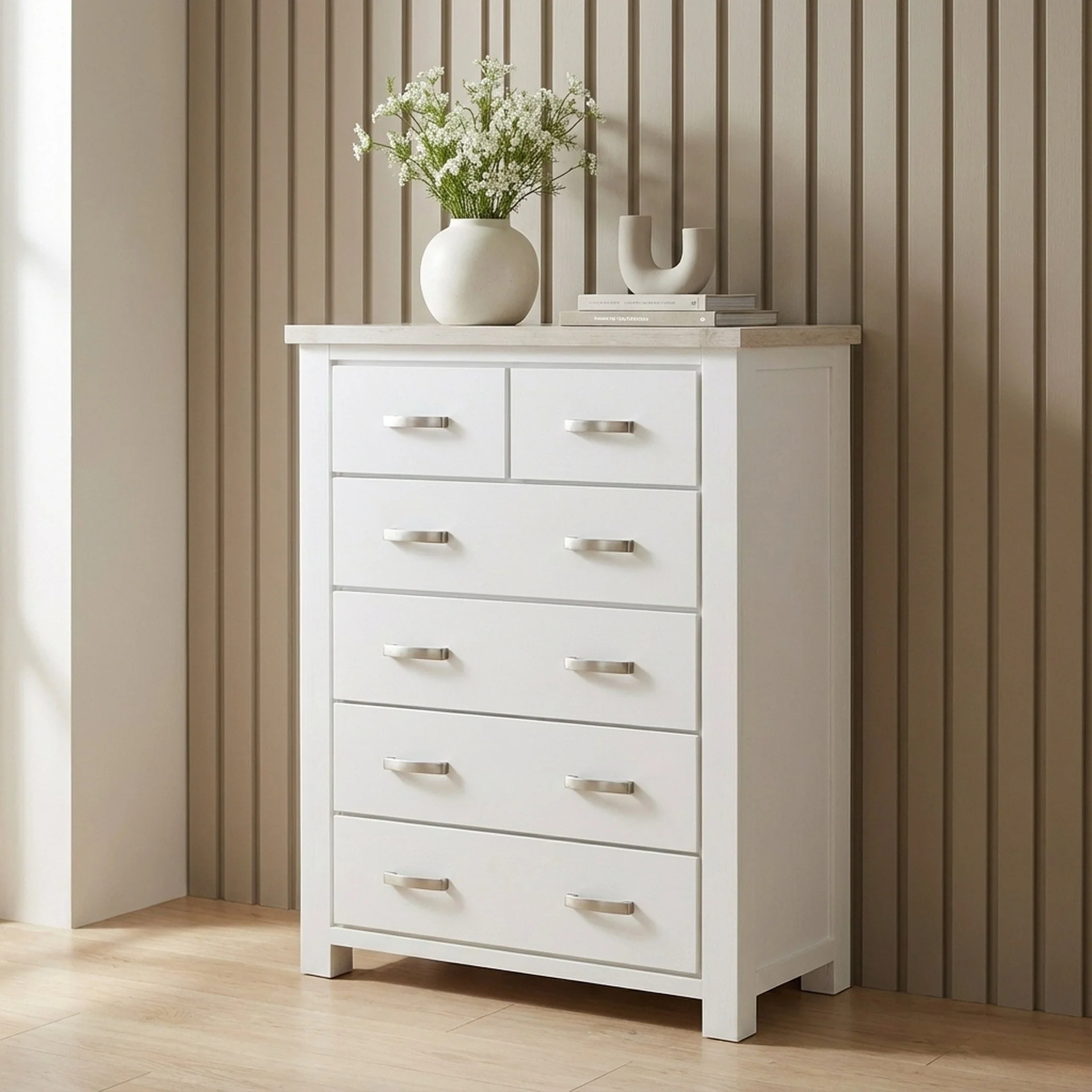 Aurora Solid Wood 6 Drawer Tallboy - White - Image 4