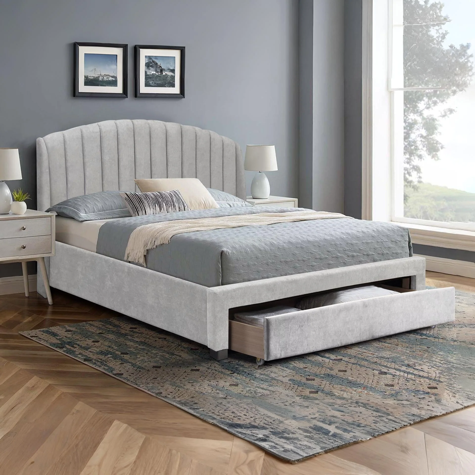 Barney Super King Bed Frame with Storage - Light Grey