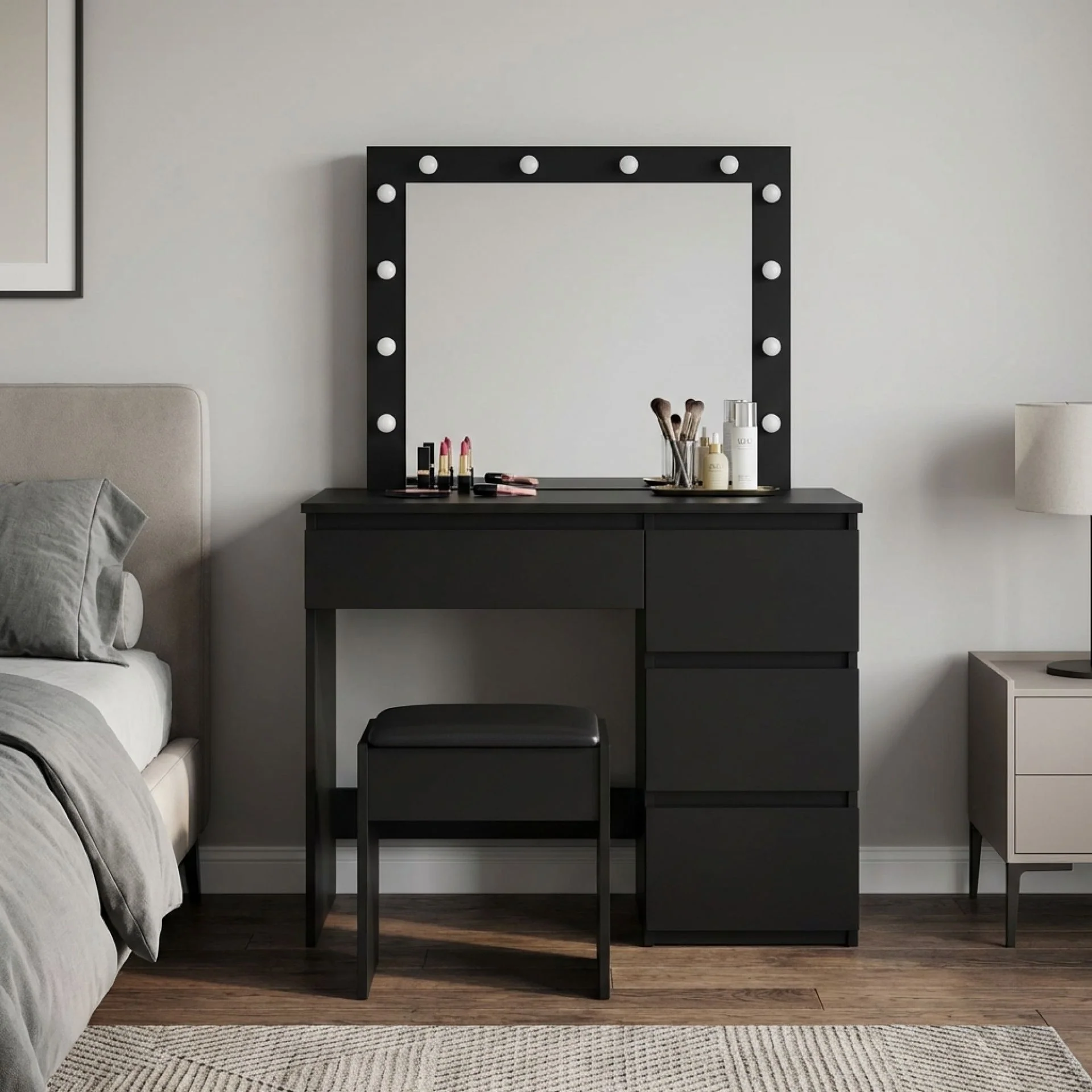 Begonia 2 Piece Dressing Table with Mirror & Stool Set - BLACK - Image 4