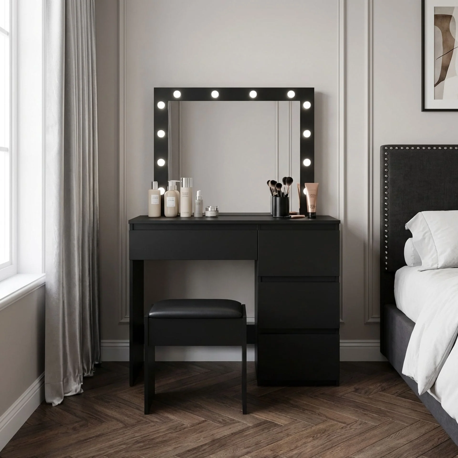 Begonia 2 Piece Dressing Table with Mirror & Stool Set - BLACK - Image 5