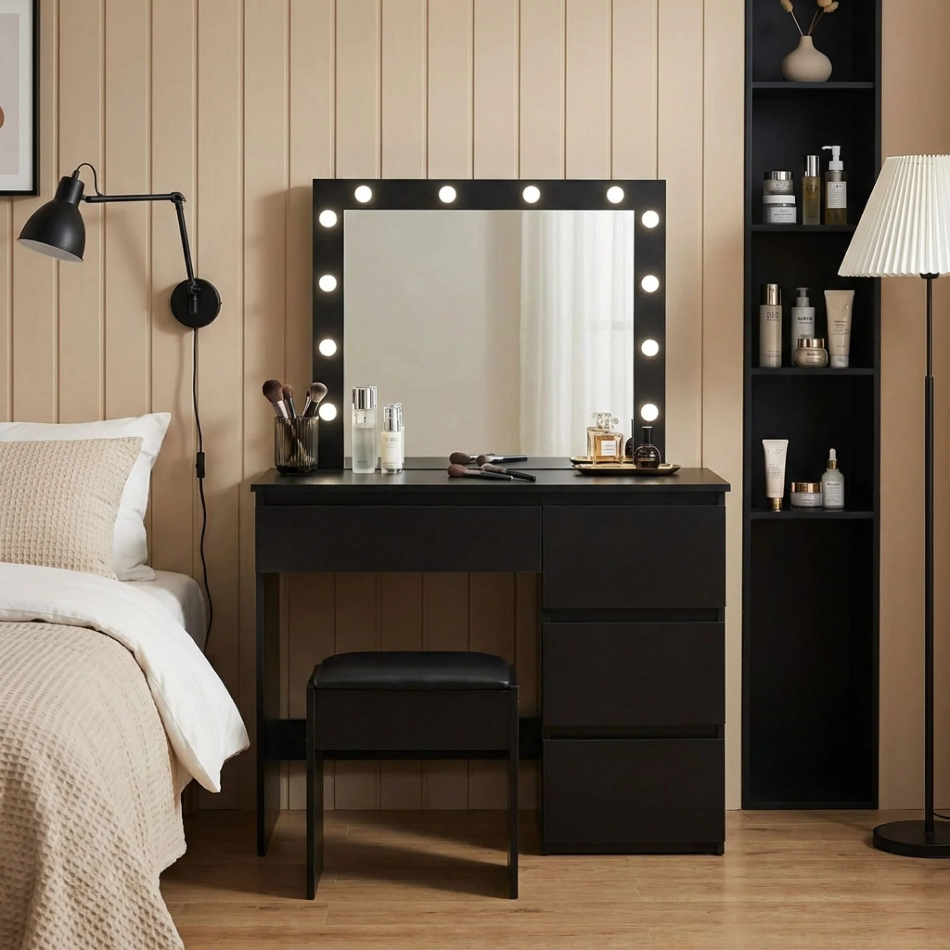 Begonia 2 Piece Dressing Table with Mirror & Stool Set - BLACK - Image 6
