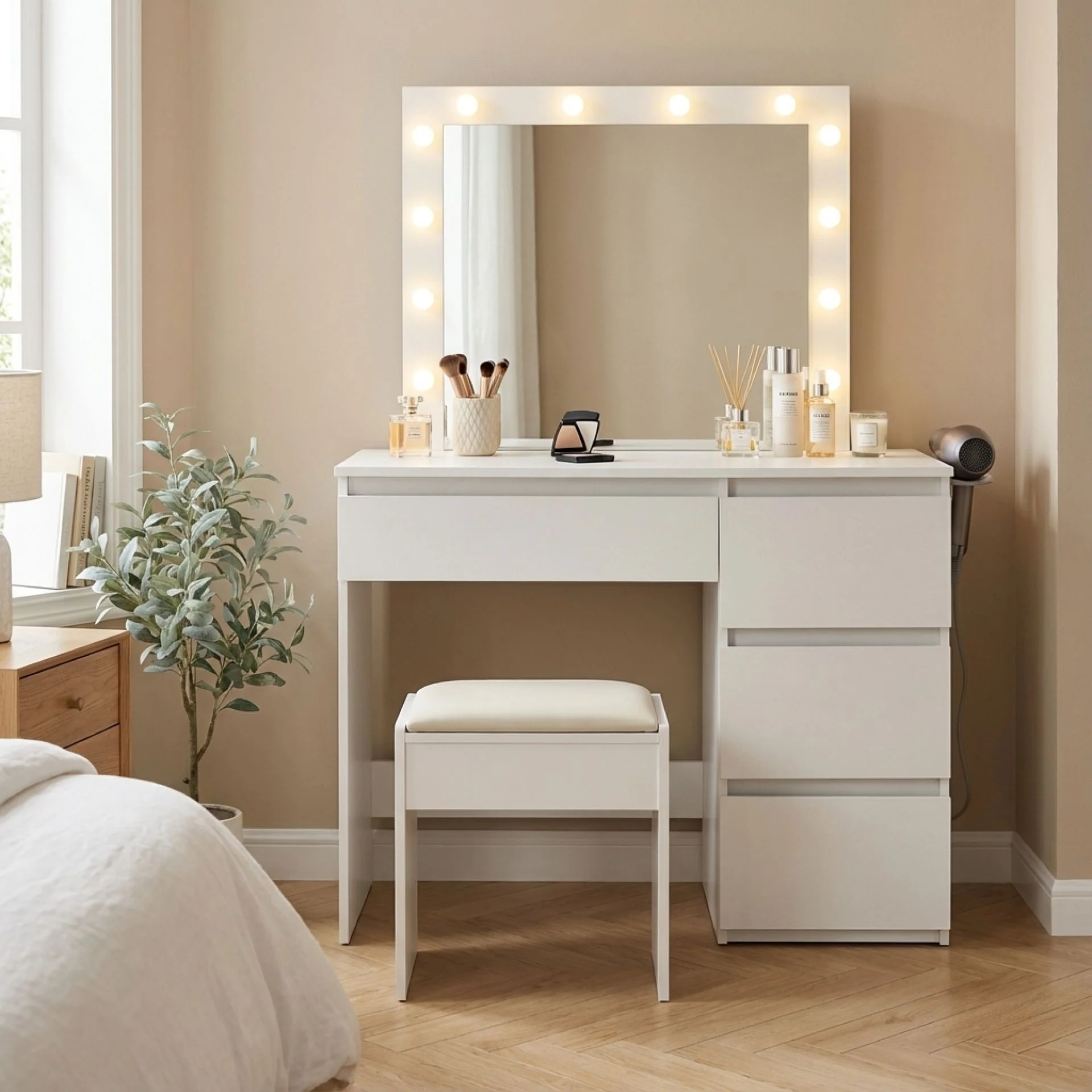 Begonia 2 Piece Dressing Table with Mirror & Stool Set - White - Image 6