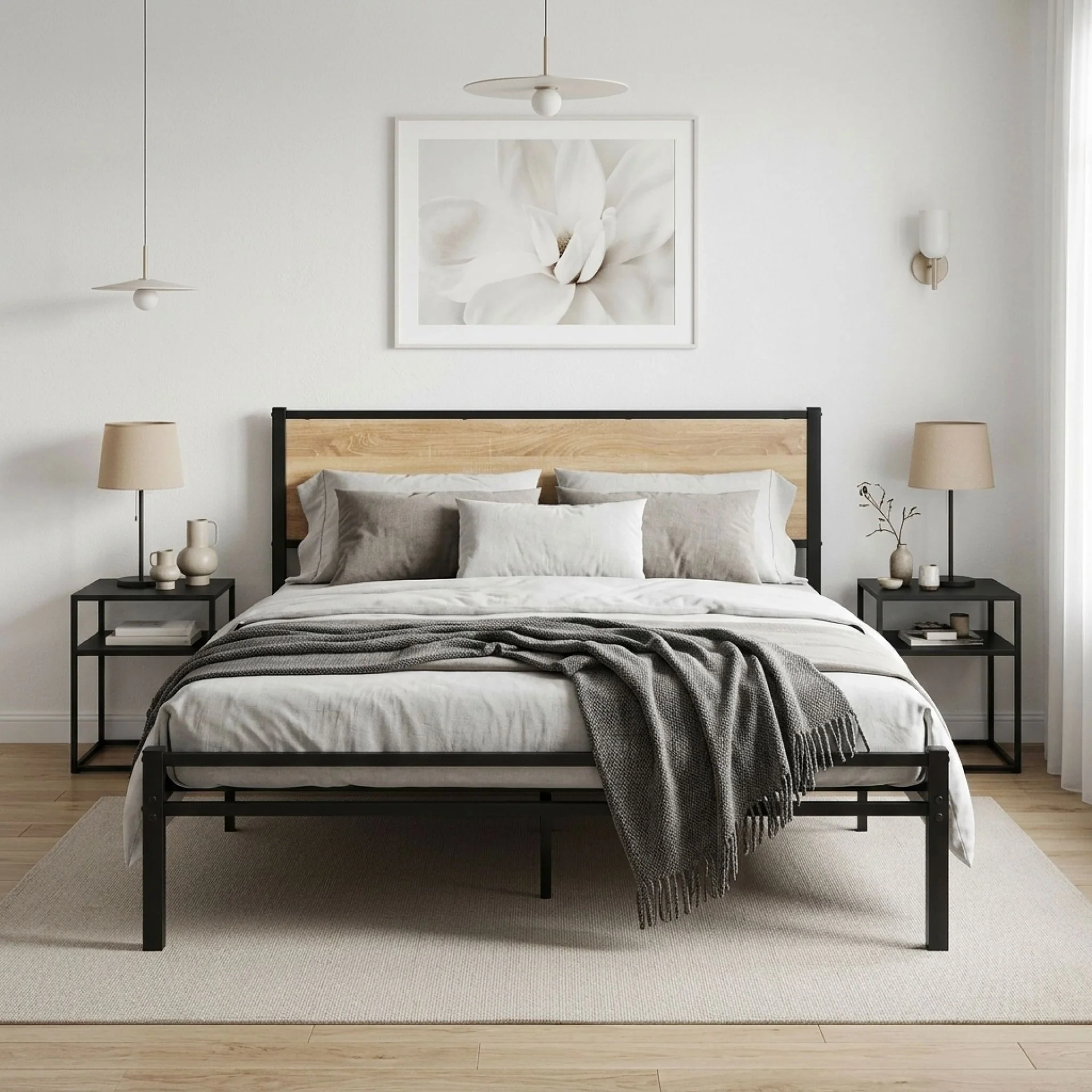 Bella Queen Bed Frame - Oak + Black - Image 2
