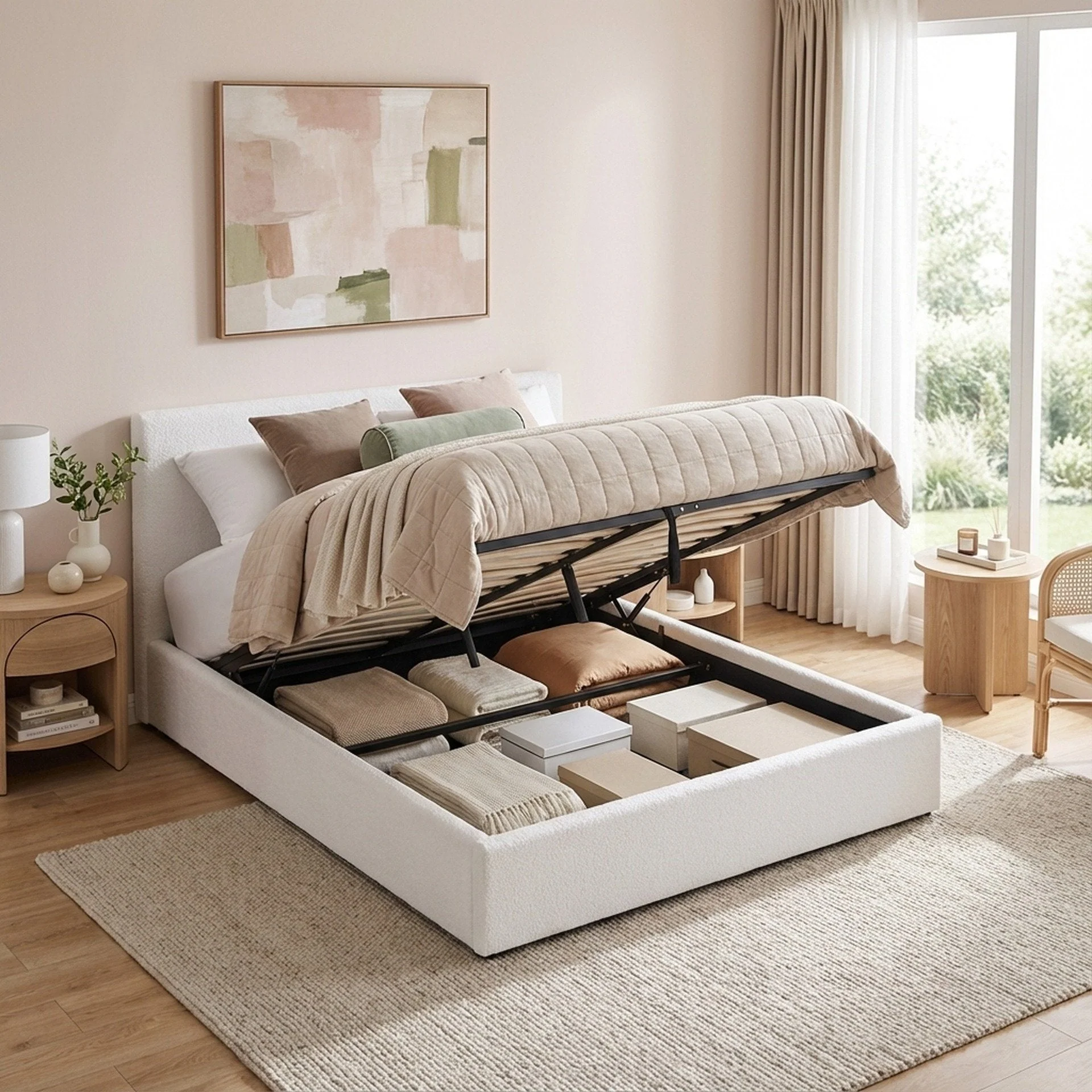 Belo Boucle Queen Gas Lift Bed Frame - White