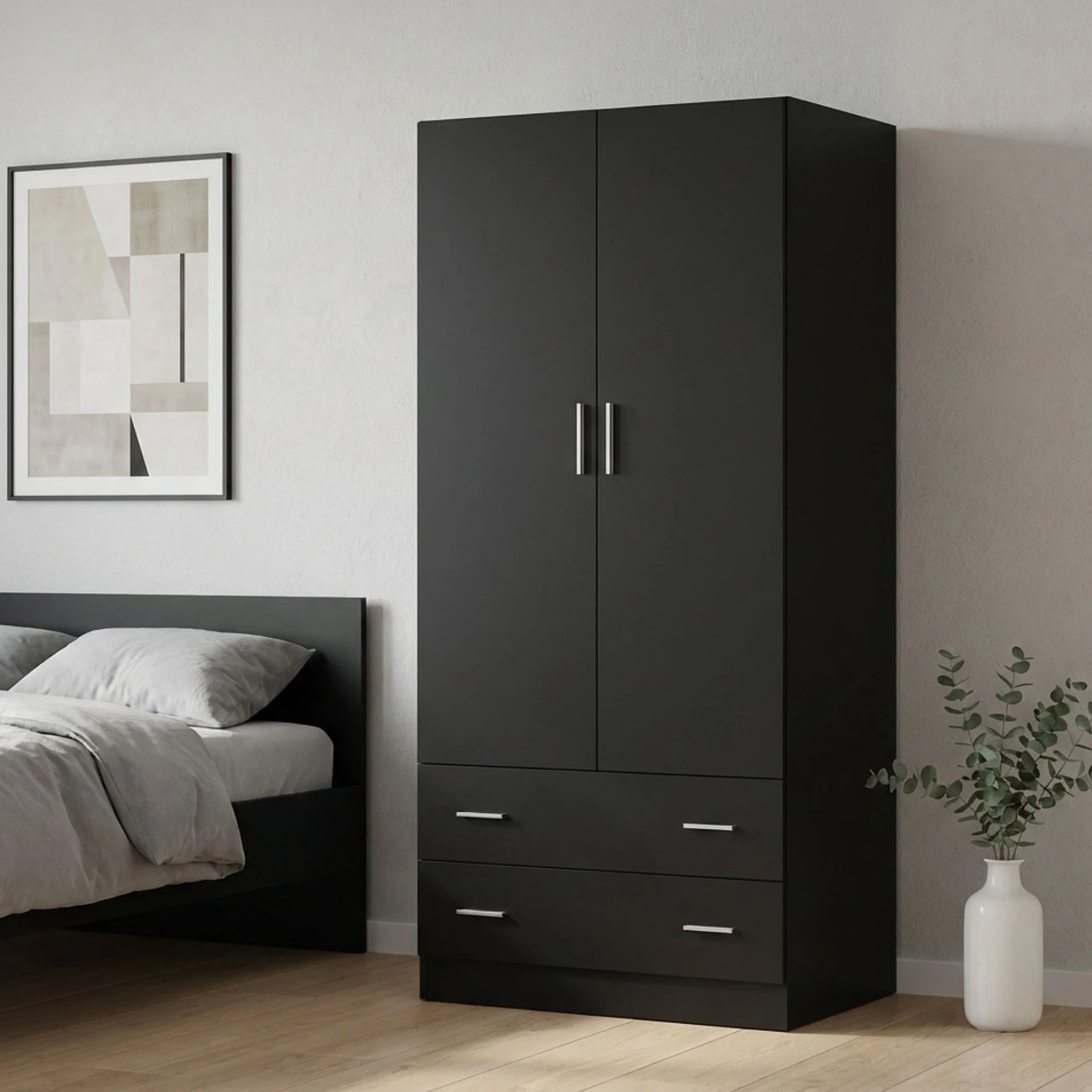 Bram 2 Door Wardrobe with 2 Drawers - Black - Image 4