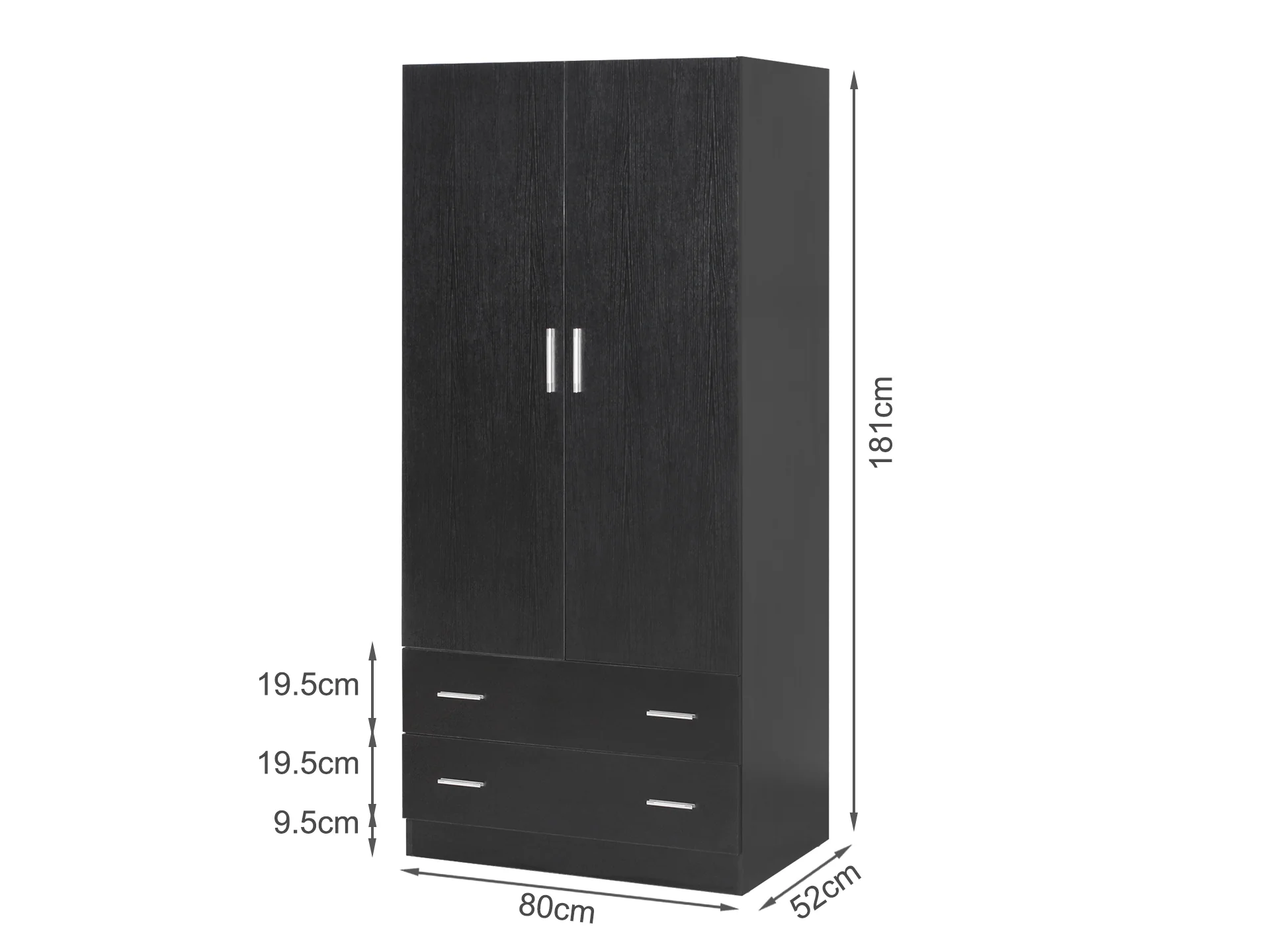 Bram 2 Door Wardrobe with 2 Drawers - Black - Image 7