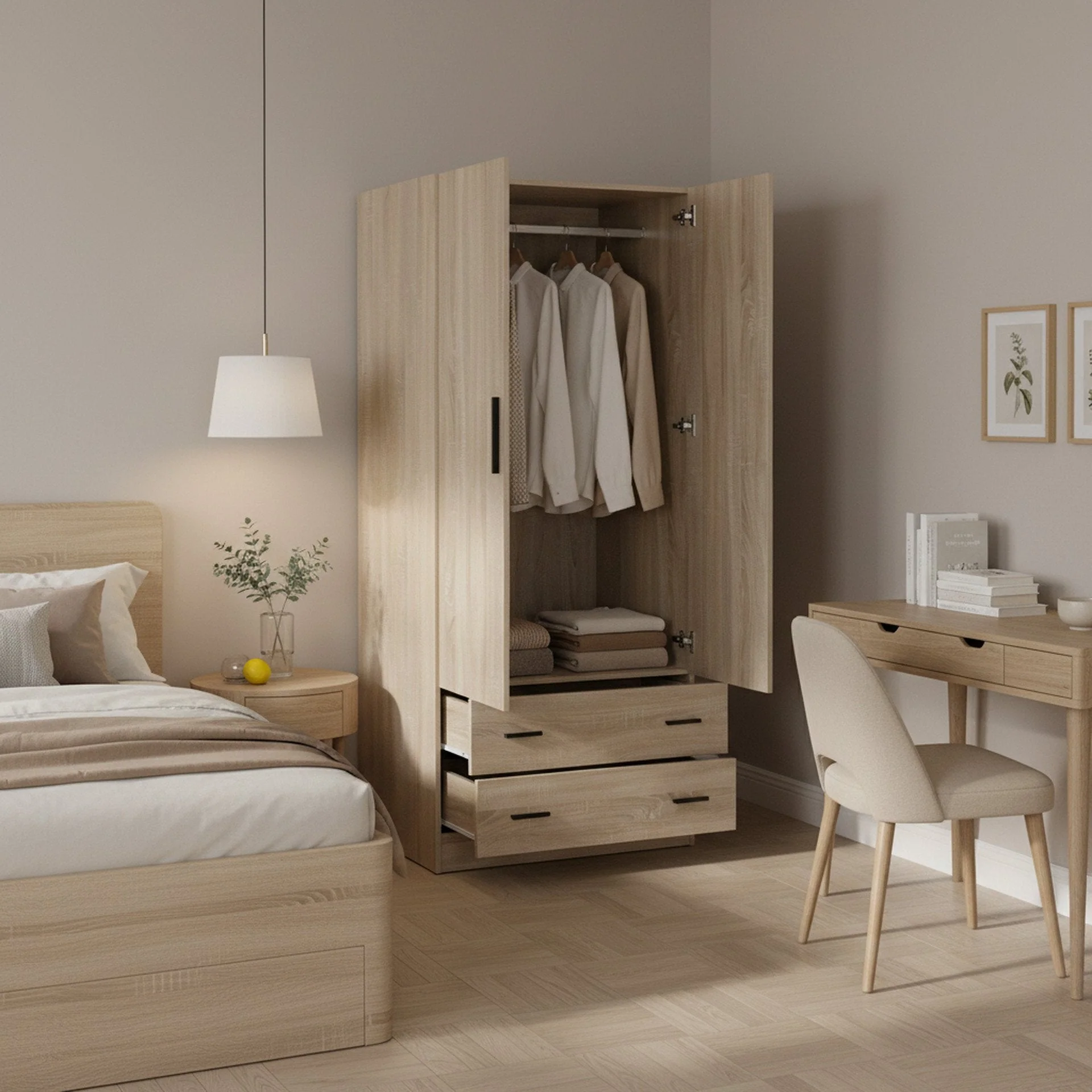 Bram 2 Door Wardrobe with 2 Drawers - Oak - Image 2