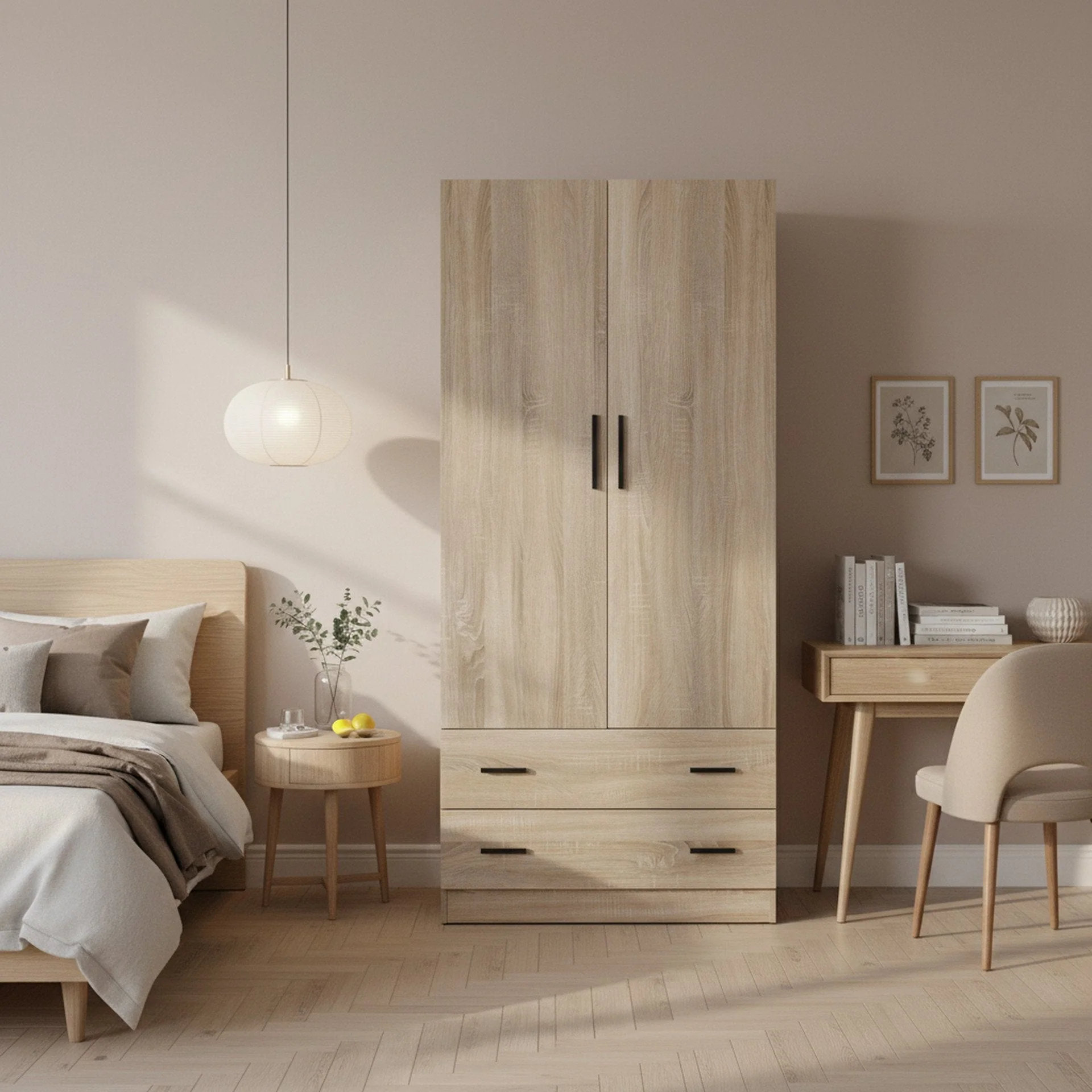 Bram 2 Door Wardrobe with 2 Drawers - Oak - Image 3
