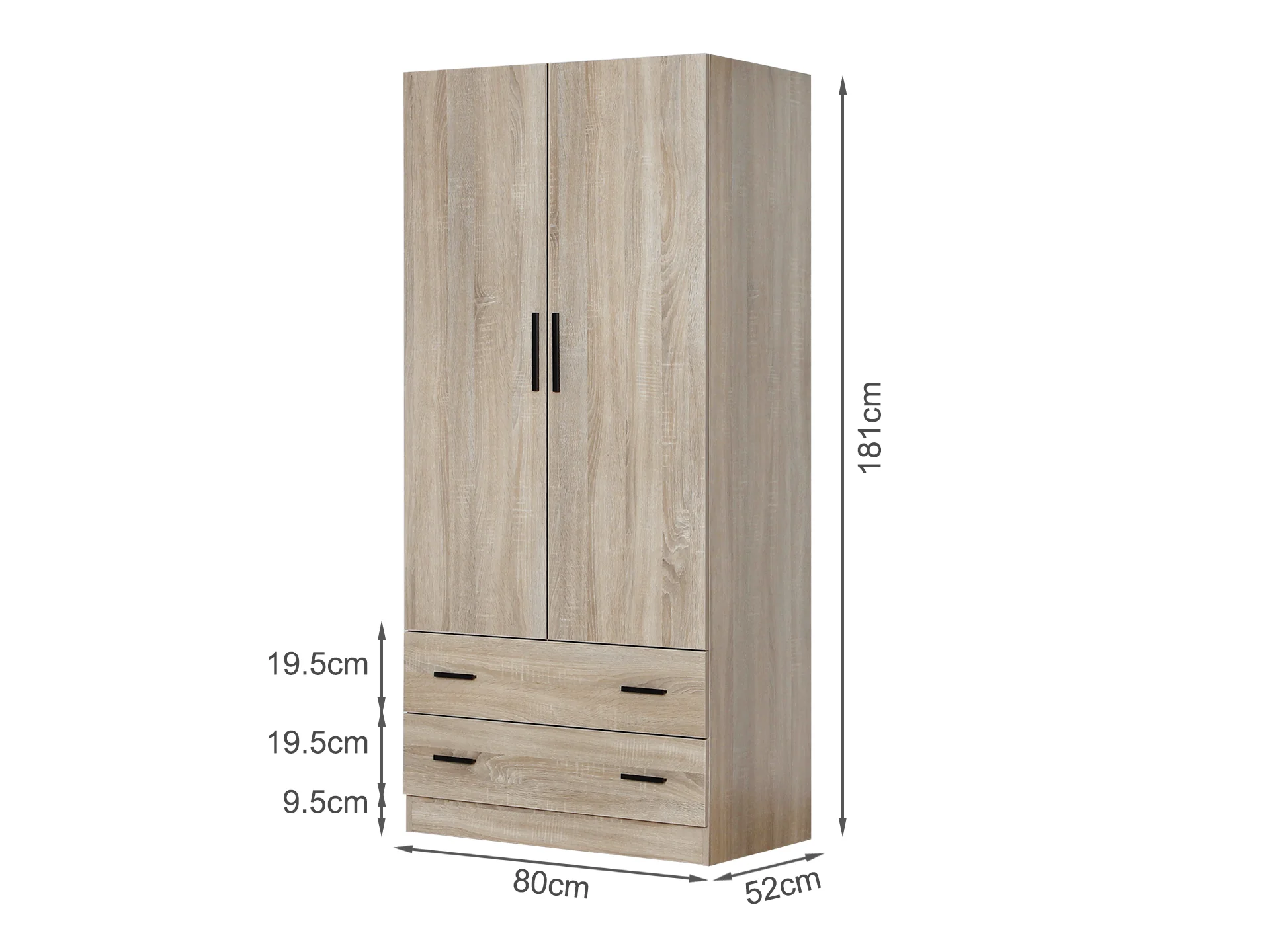 Bram 2 Door Wardrobe with 2 Drawers - Oak - Image 8