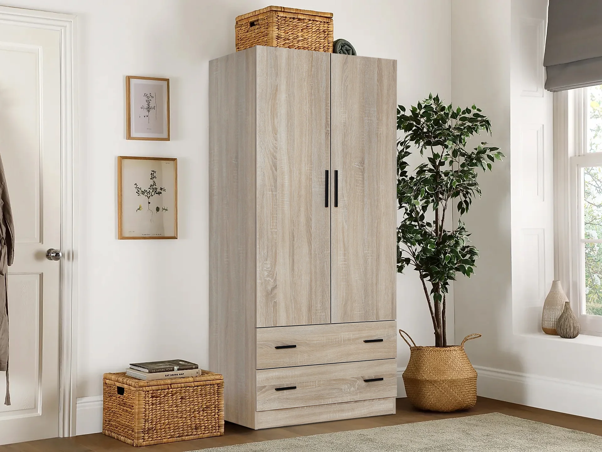 Bram 2 Door Wardrobe with 2 Drawers - Oak - Image 9
