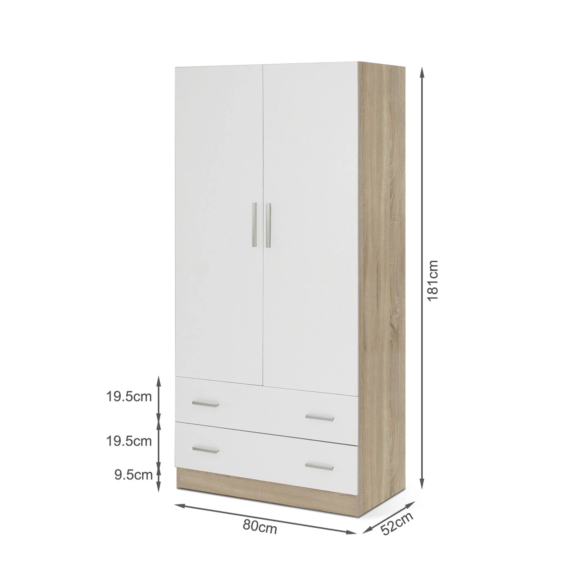 Bram 2 Door Wardrobe with 2 Drawers - Oak + White - Image 12