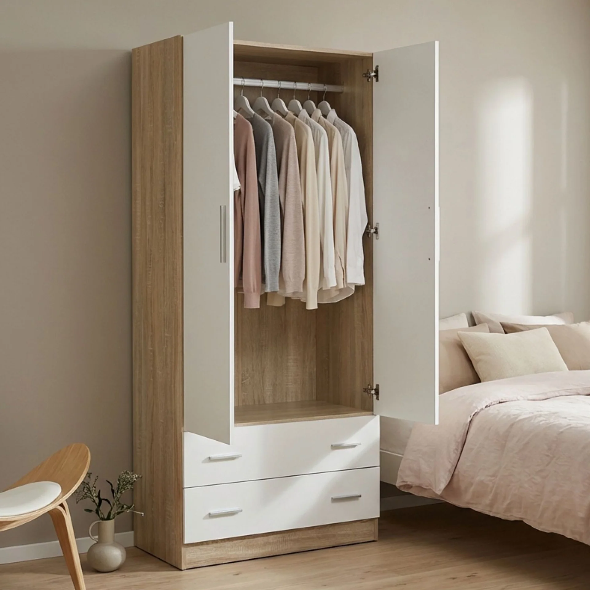 Bram 2 Door Wardrobe with 2 Drawers - Oak + White - Image 2