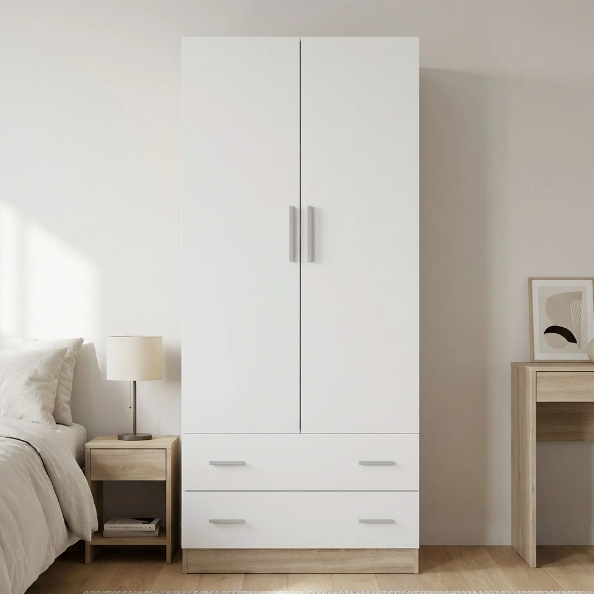 Bram 2 Door Wardrobe with 2 Drawers - Oak + White - Image 3