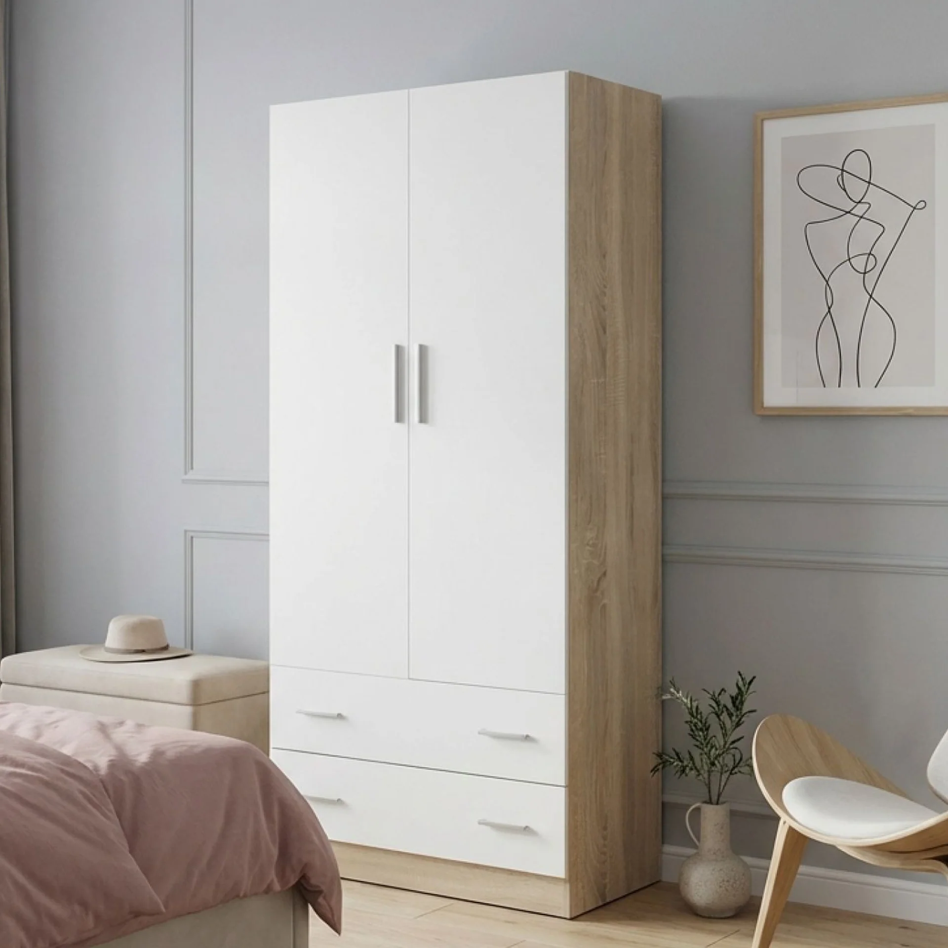 Bram 2 Door Wardrobe with 2 Drawers - Oak + White - Image 4