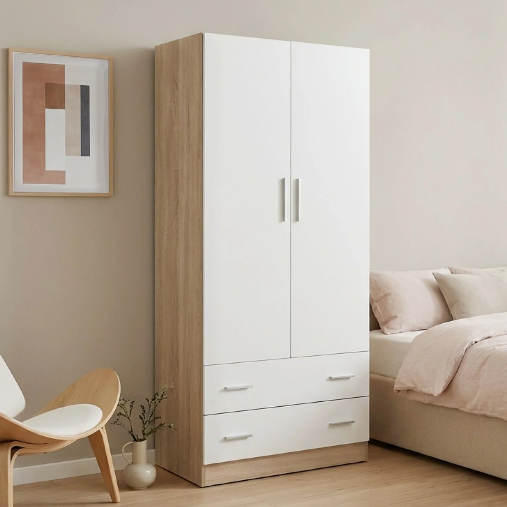 Bram 2 Door Wardrobe with 2 Drawers - Oak + White - Image 5