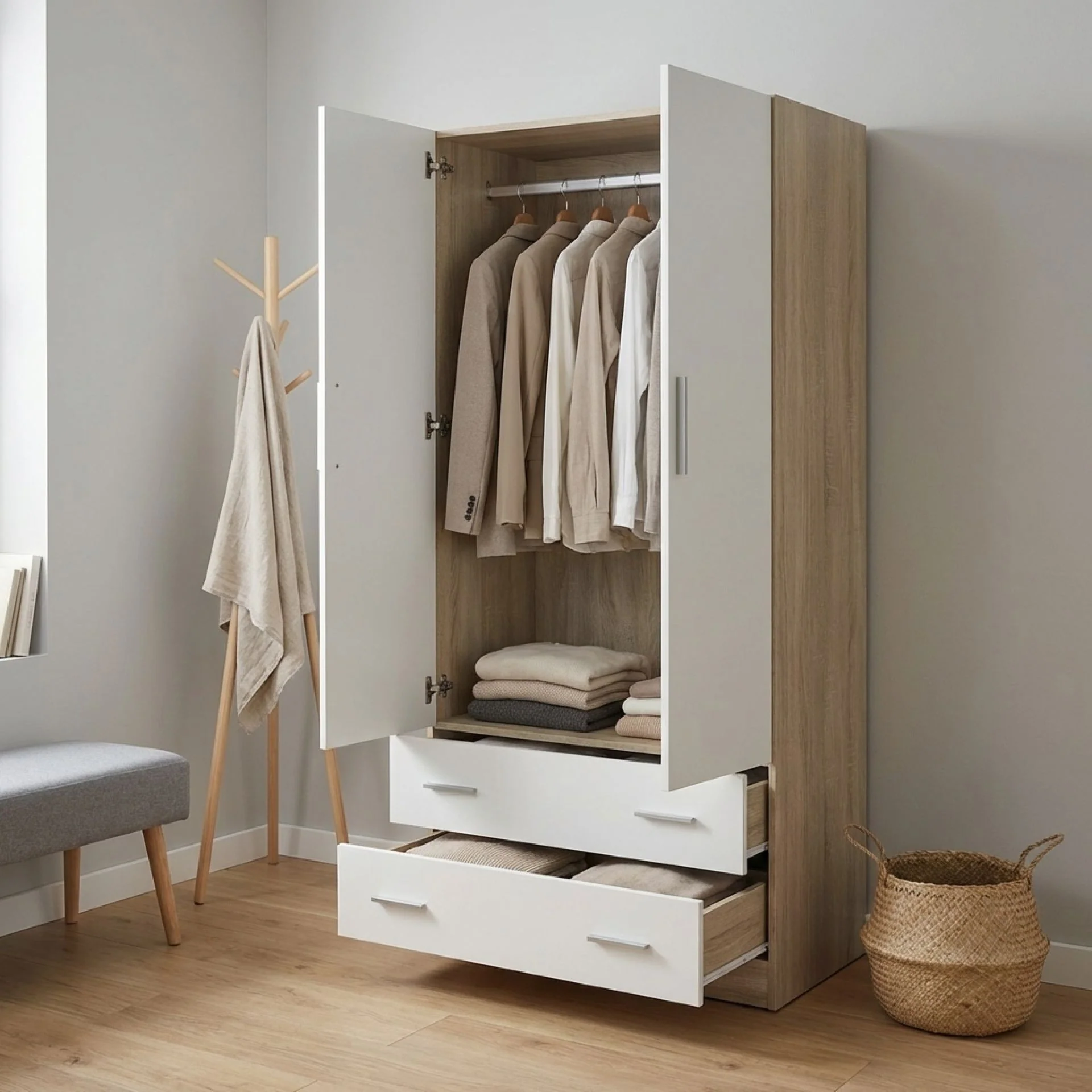 Bram 2 Door Wardrobe with 2 Drawers - Oak + White - Image 6