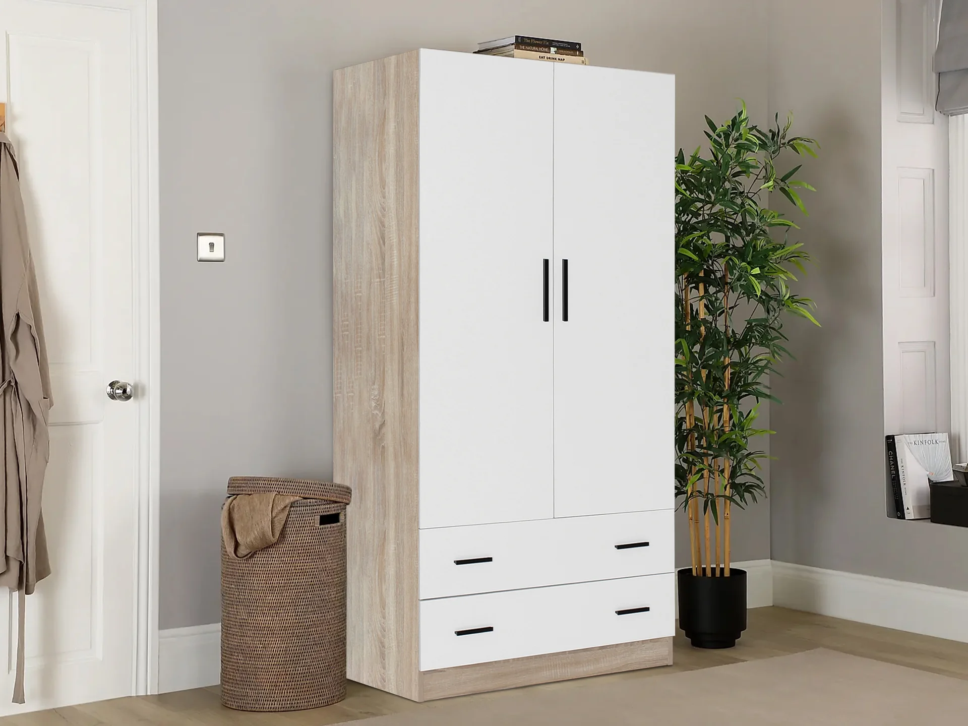 Bram 2 Door Wardrobe with 2 Drawers - Oak + White - Image 2
