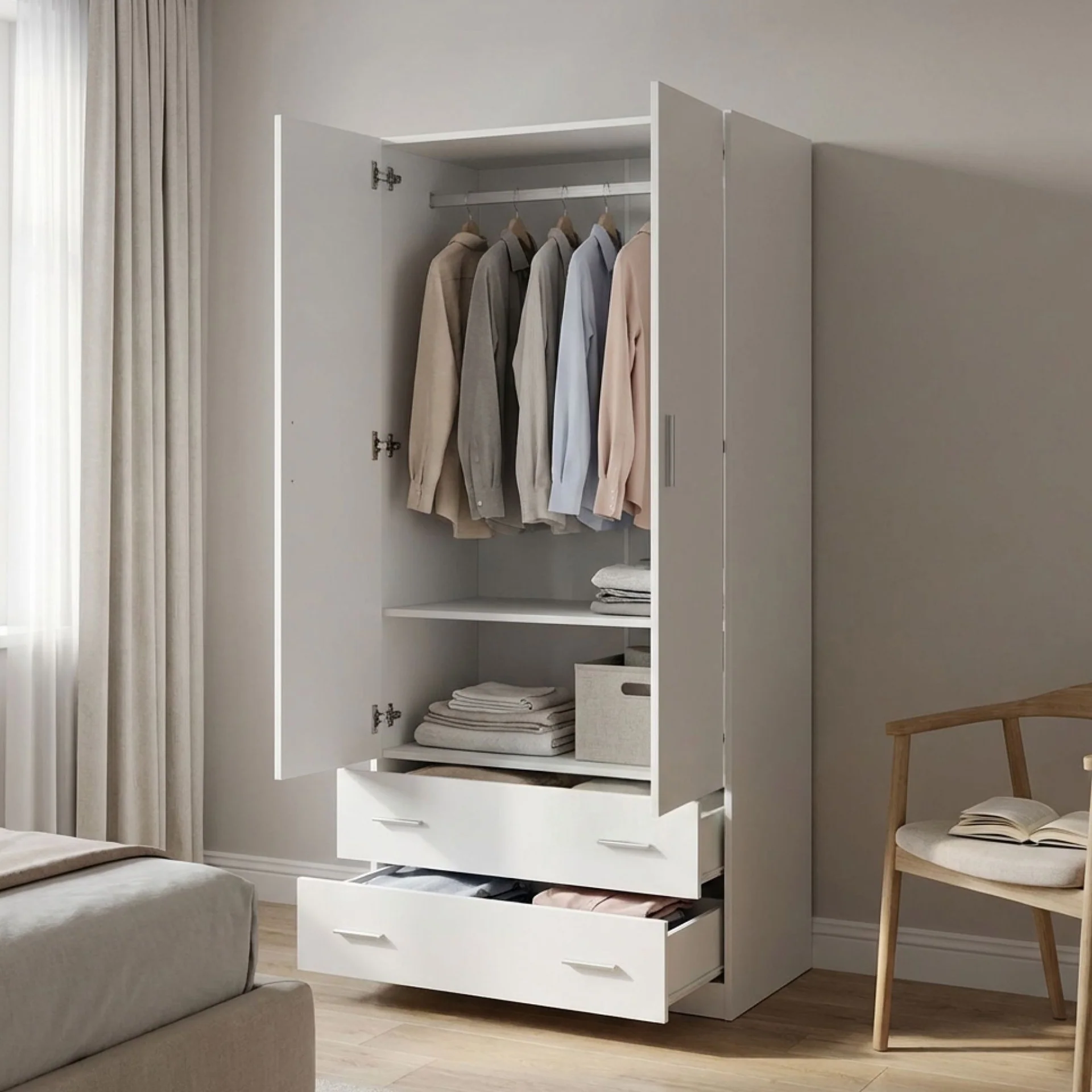 Bram 2 Door Wardrobe with 2 Drawers - White - Image 2