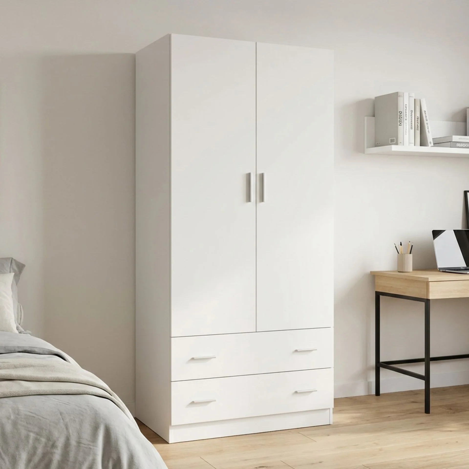 Bram 2 Door Wardrobe with 2 Drawers - White - Image 3