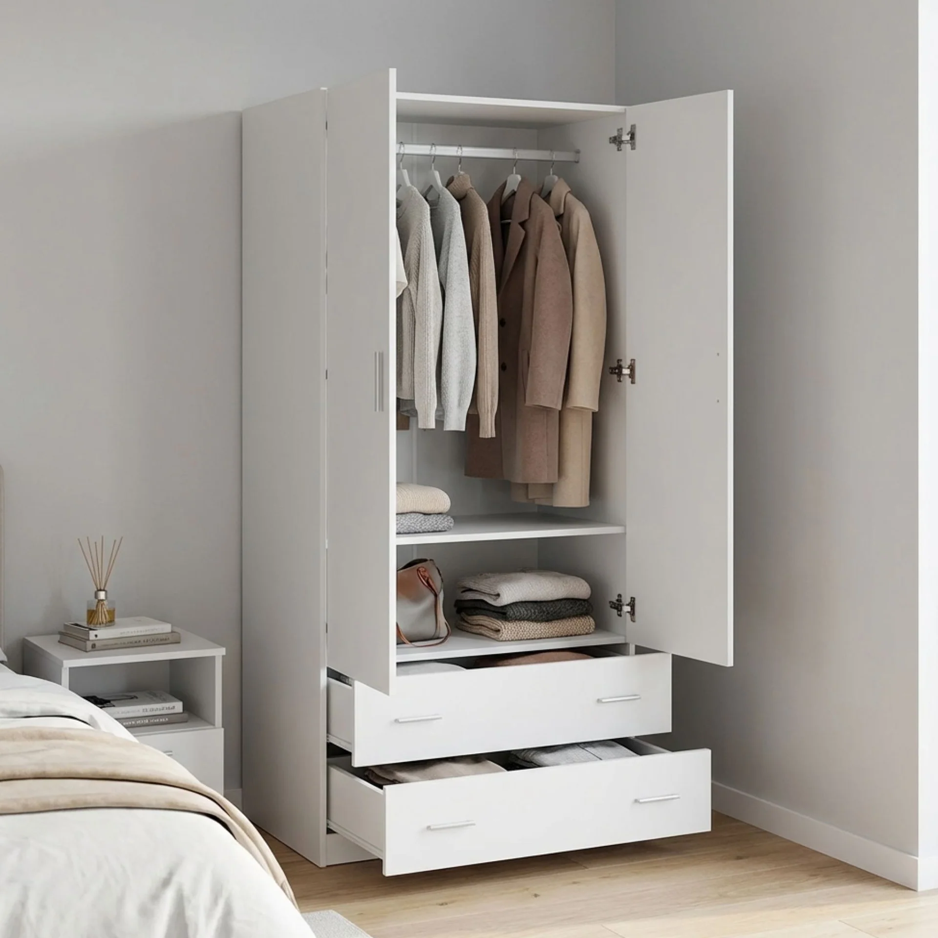 Bram 2 Door Wardrobe with 2 Drawers - White - Image 4
